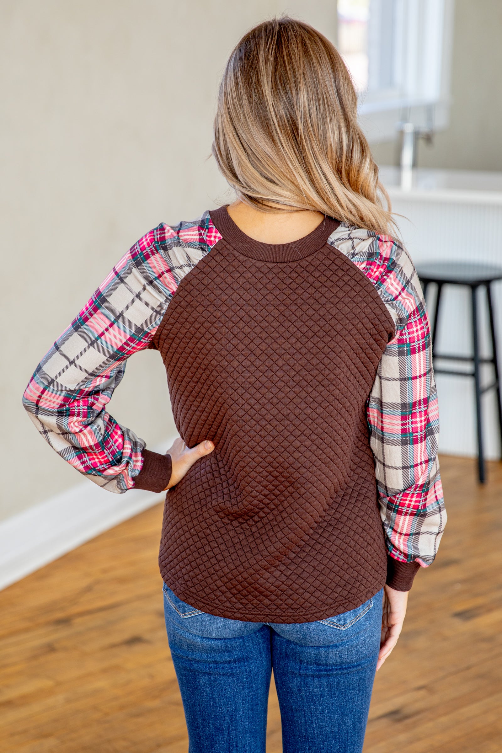Brown Textured Top With Plaid Sleeves