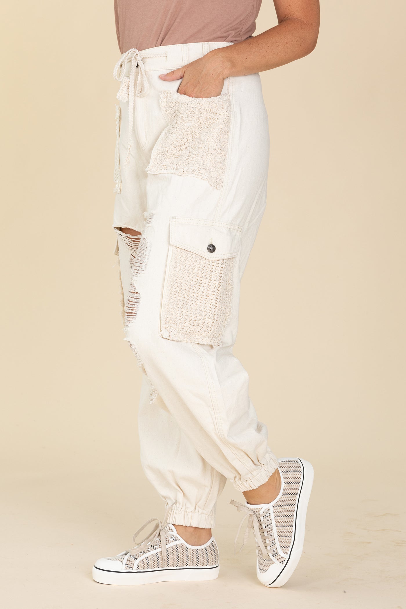 Crochet Detailed Jeans With Drawstrings