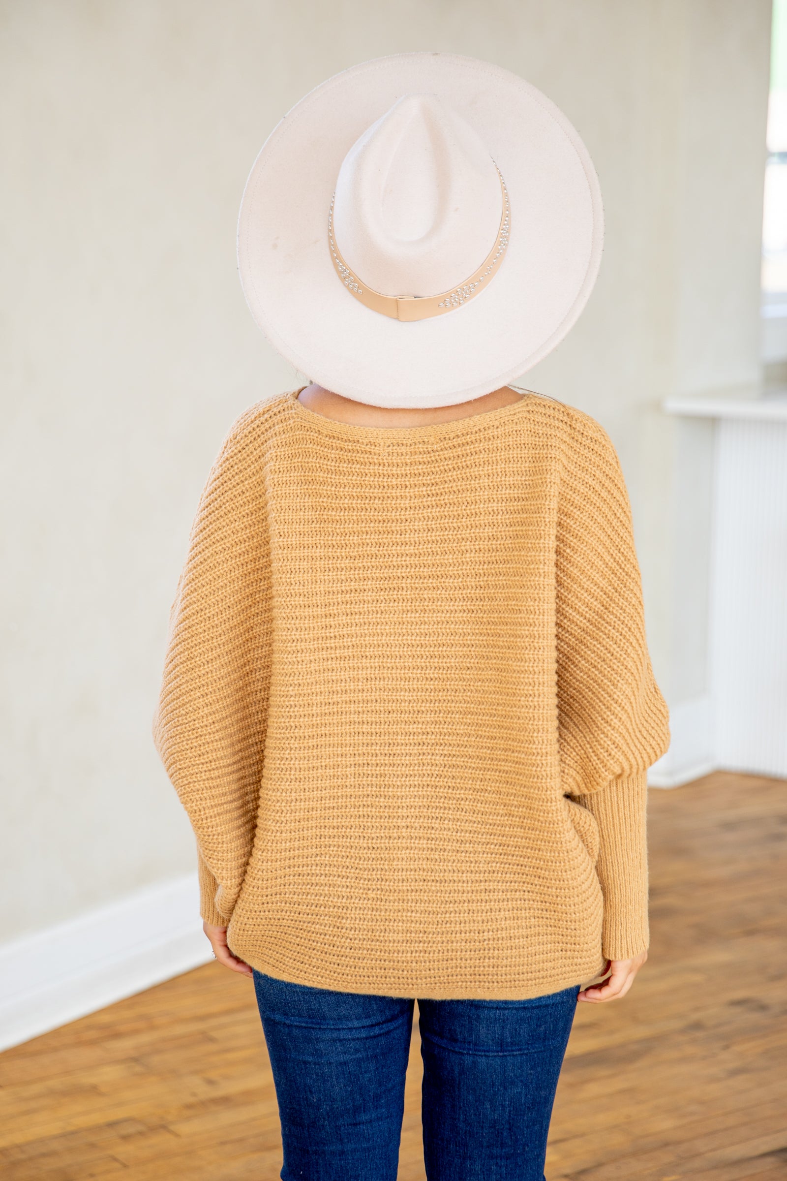 Camel Ribbed Slouchy Dolman Sleeve Sweater