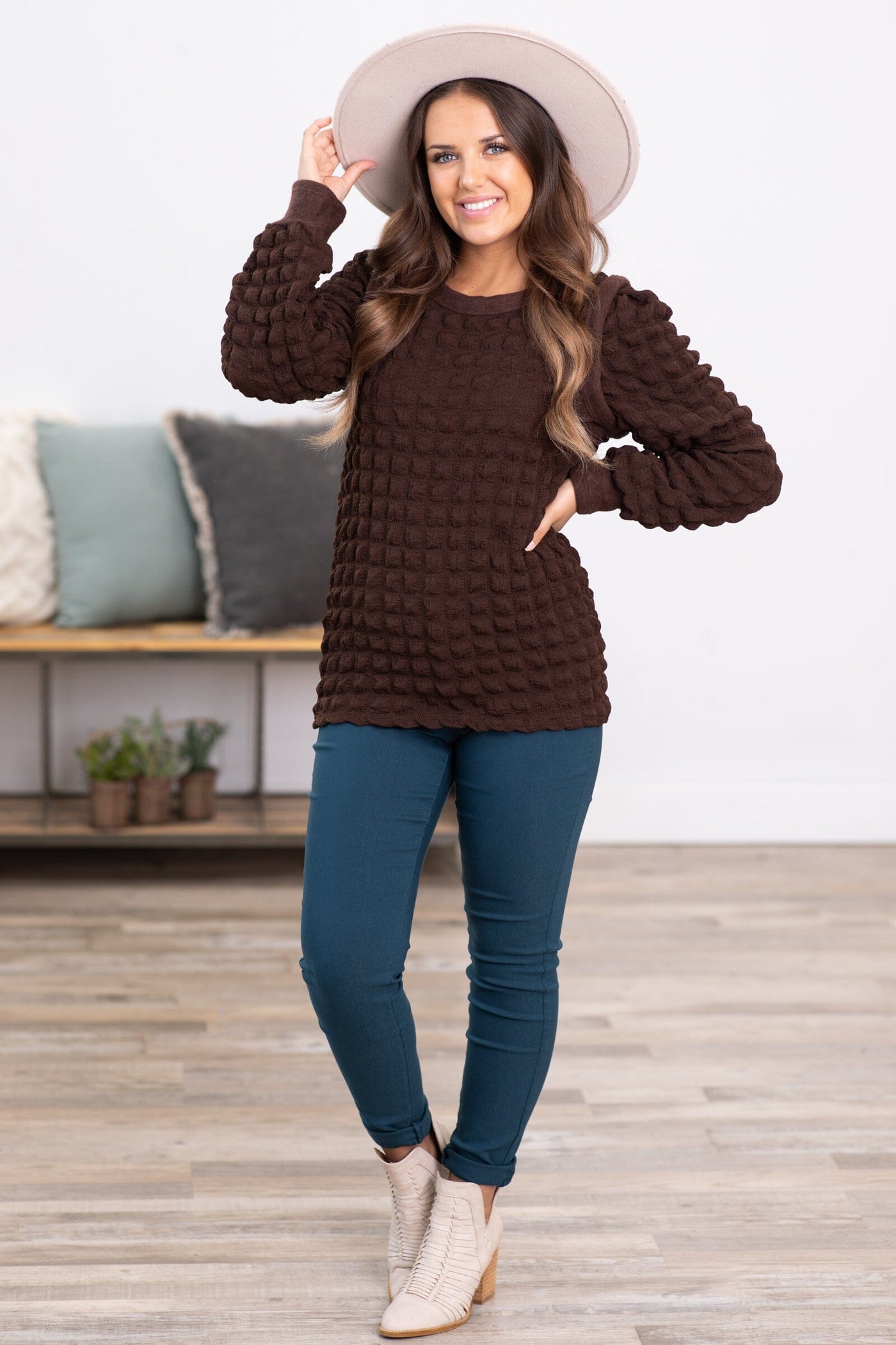 Brown Puff Textured Long Sleeve Top - Filly Flair
