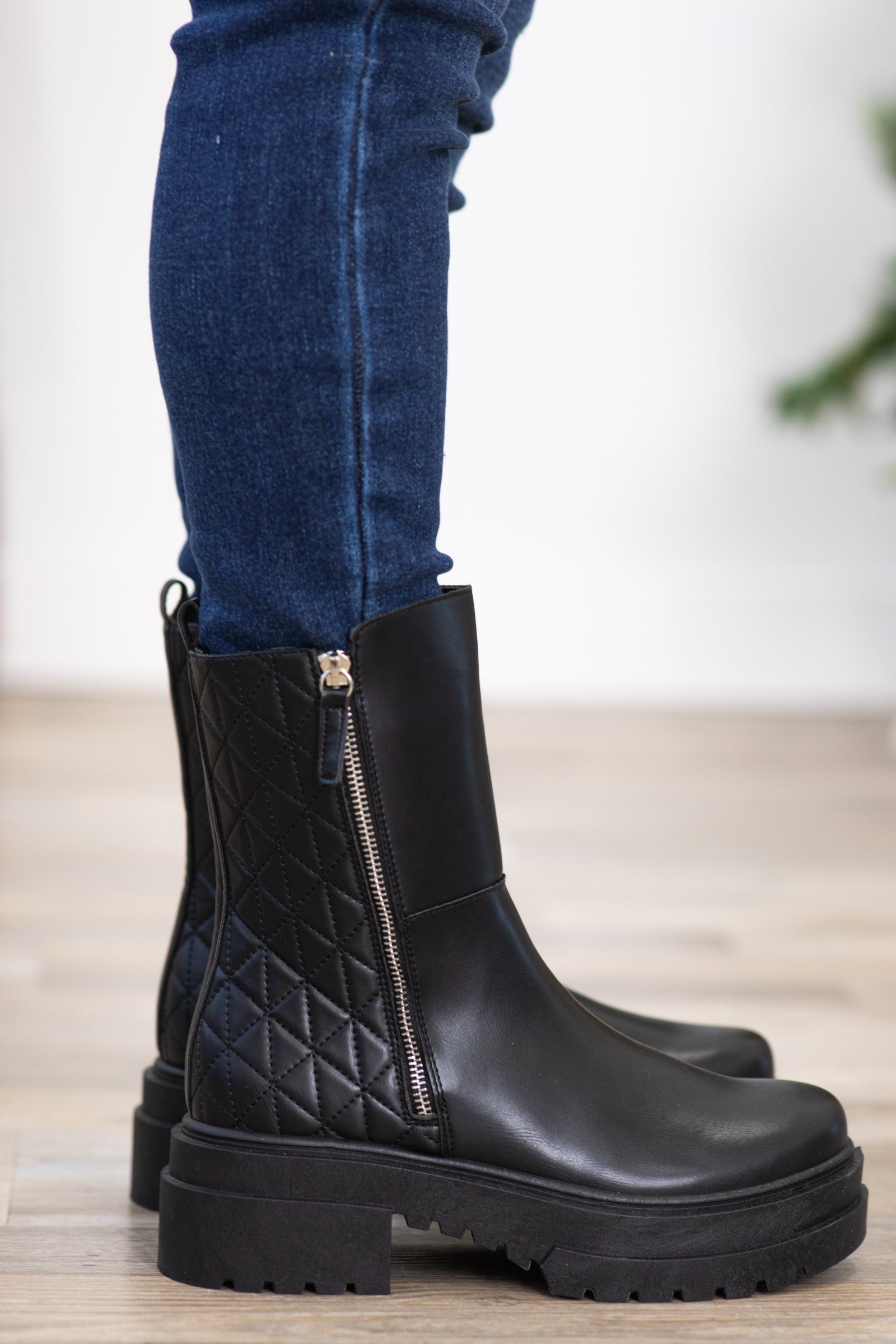 Black Lug Sole Quilted Detail Boots
