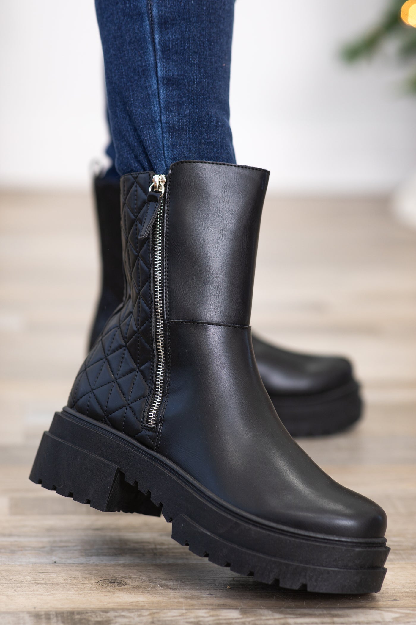 Black Lug Sole Quilted Detail Boots