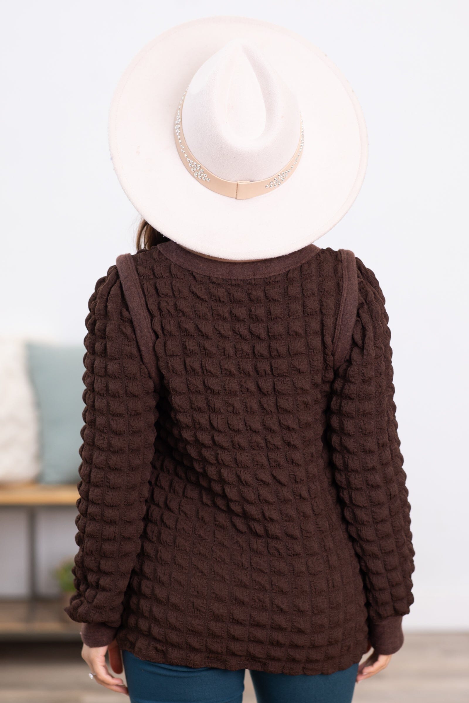 Brown Puff Textured Long Sleeve Top - Filly Flair