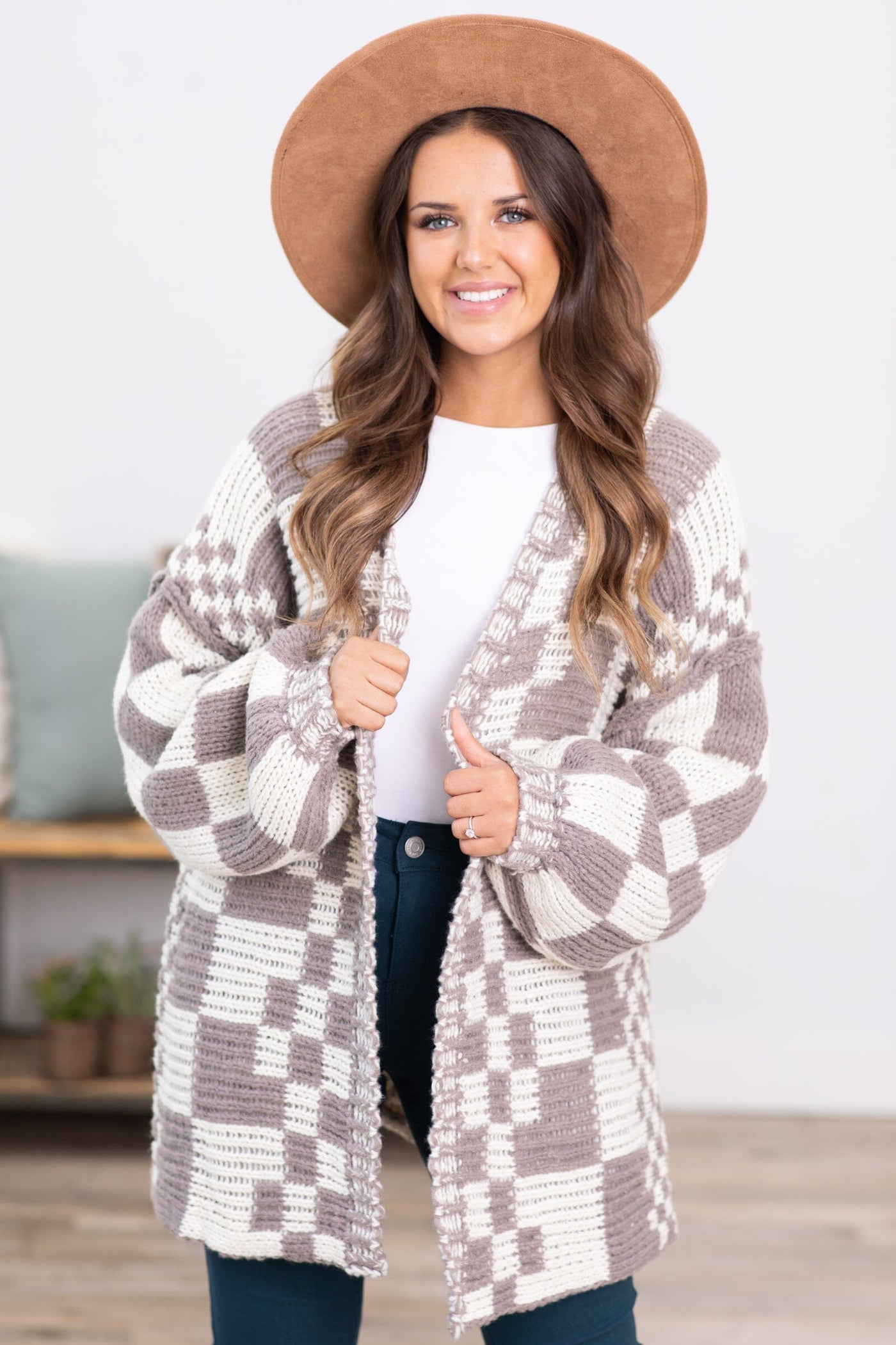 Mocha and Ivory Checkerboard Chunky Cardigan - Filly Flair