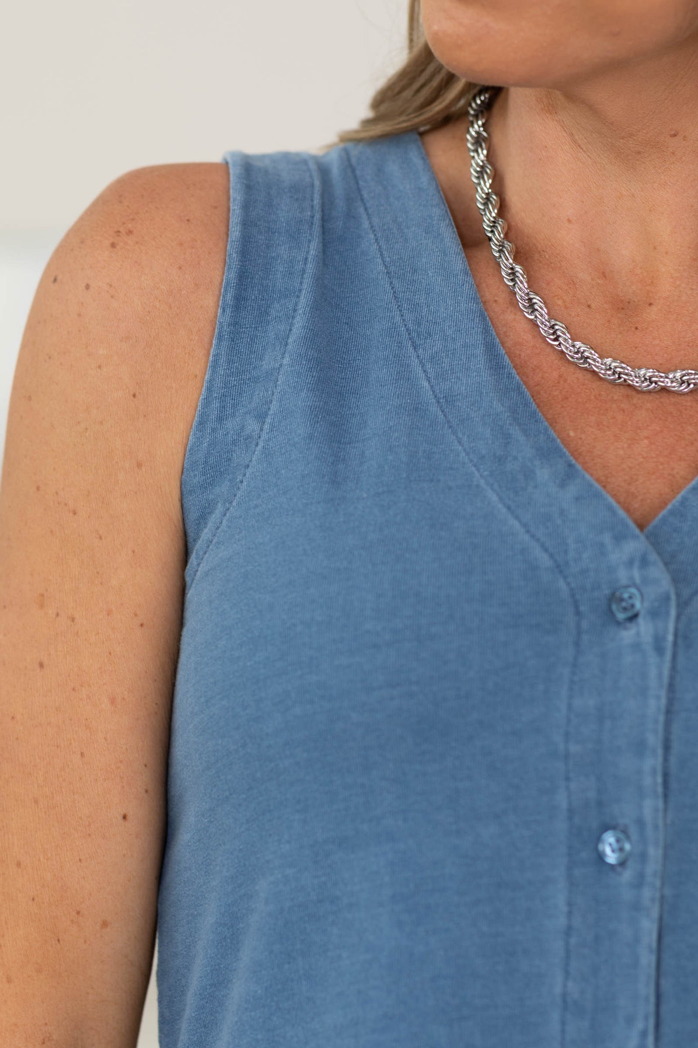 Denim Side Slit Button Knit Vest Top