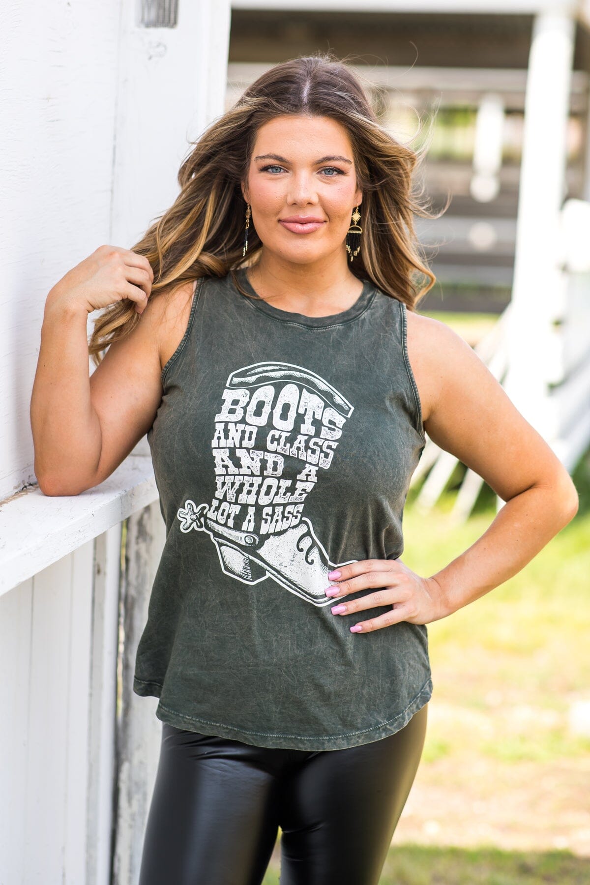 Olive Washed Boots and Sass Graphic Tank - Filly Flair