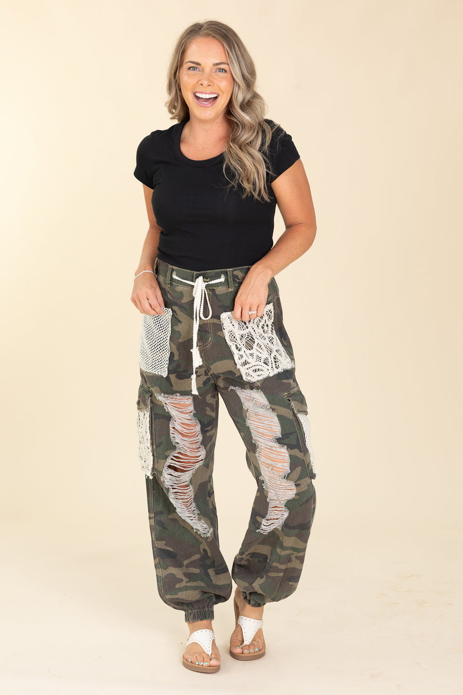 Crochet Detailed Jeans With Drawstrings