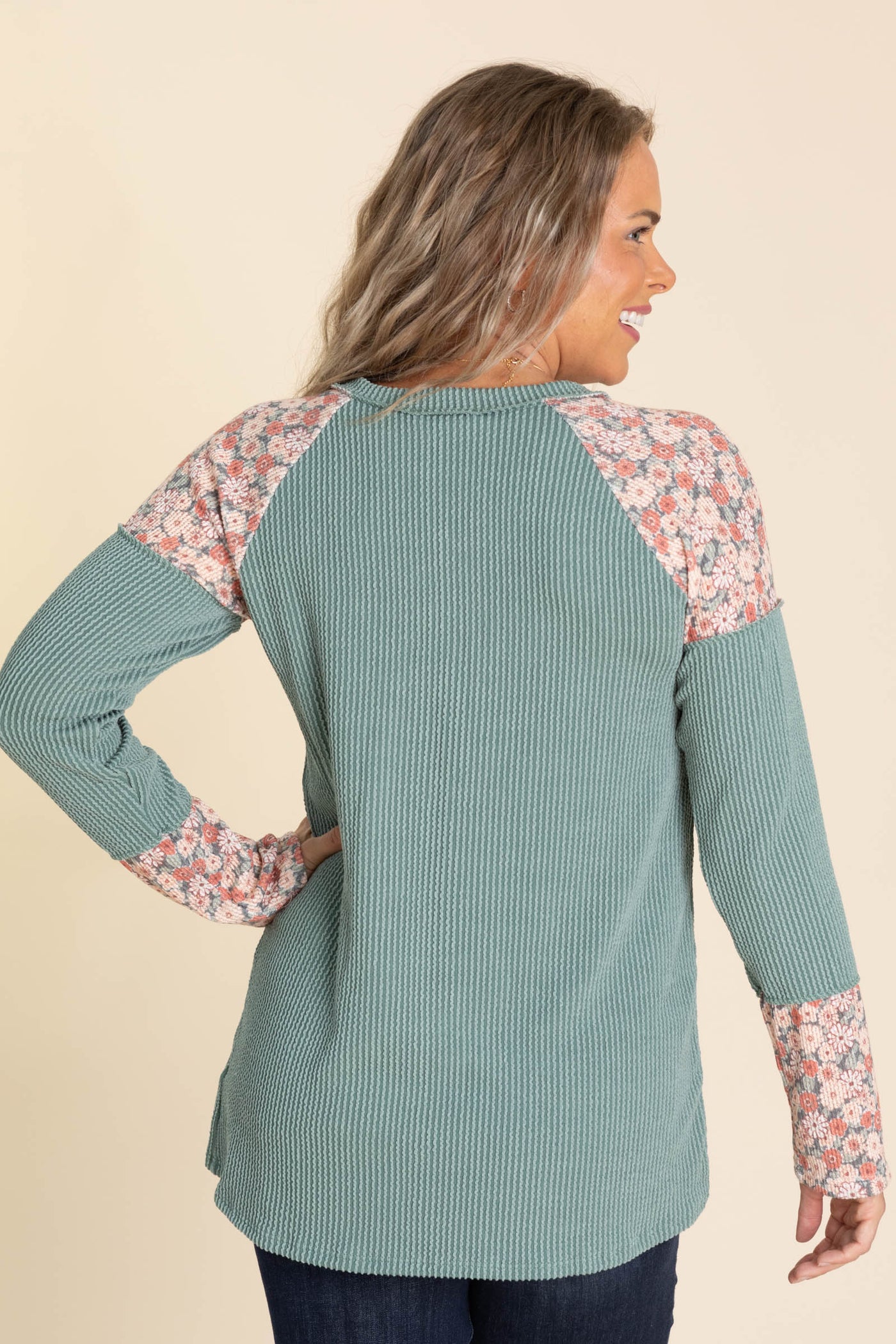 Olive Ribbed Floral Contrast Knit Top