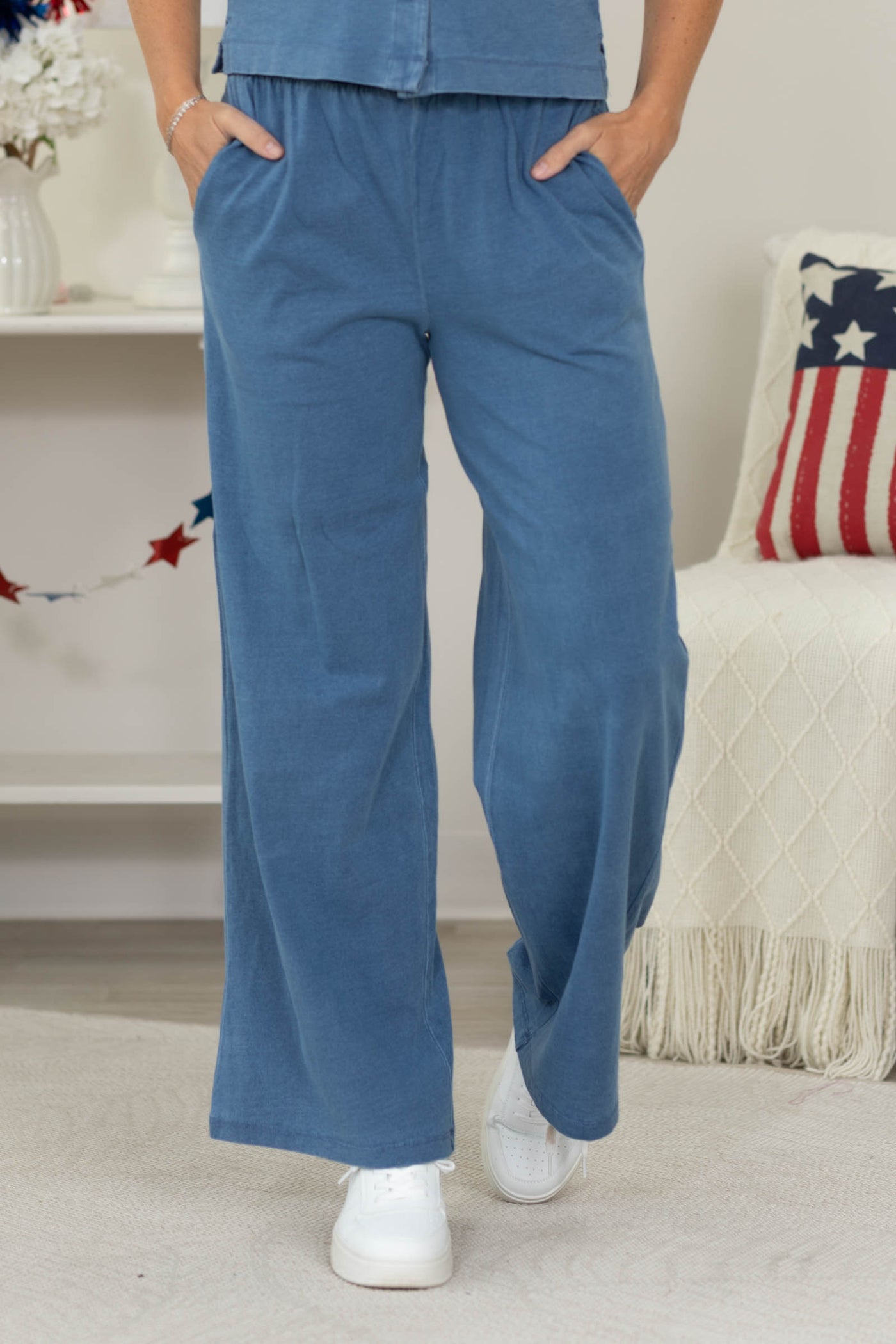 Denim Knit Elastic Wide Leg Pants