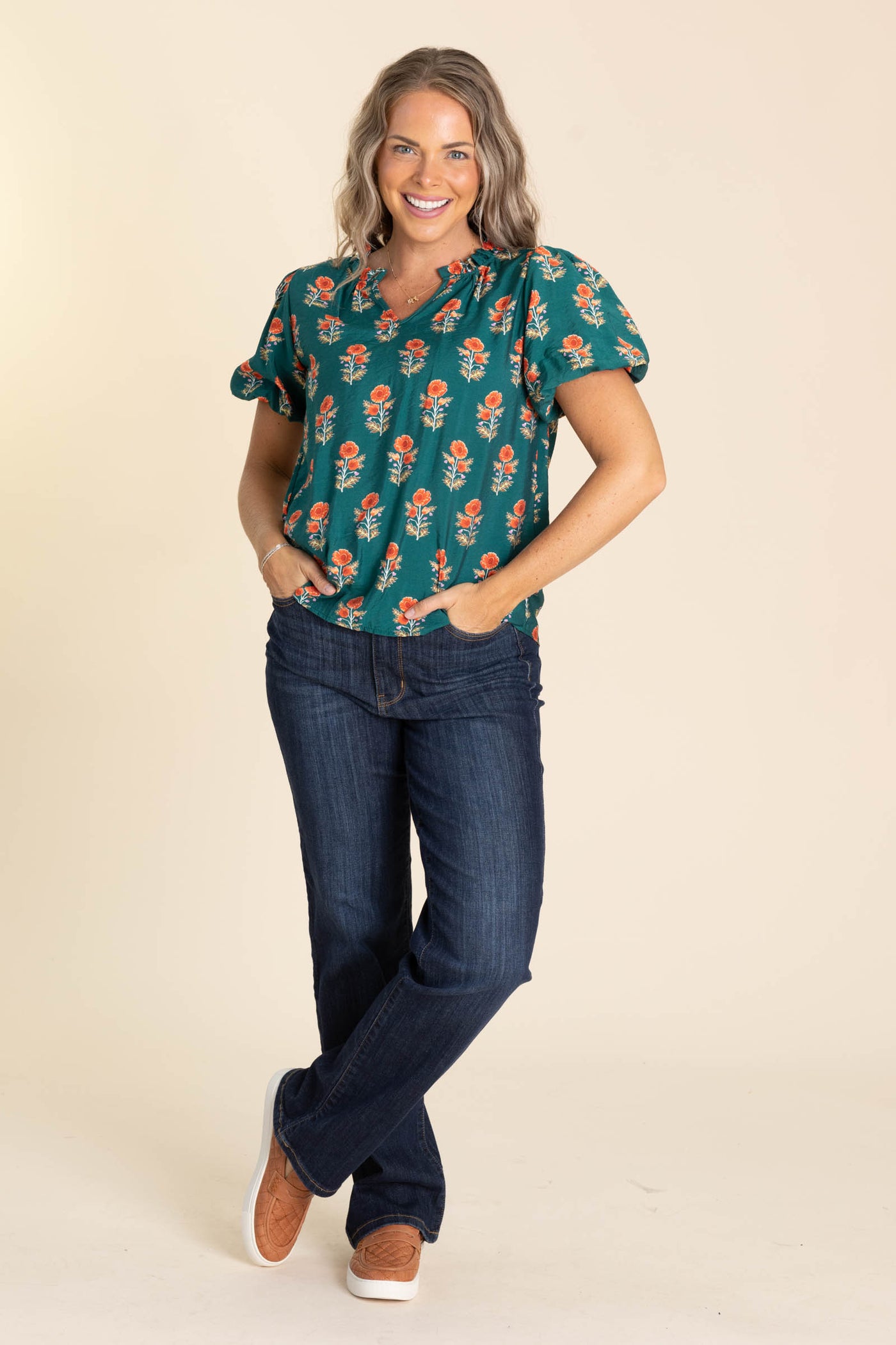 Hunter Green Woven Top With Orange Floral