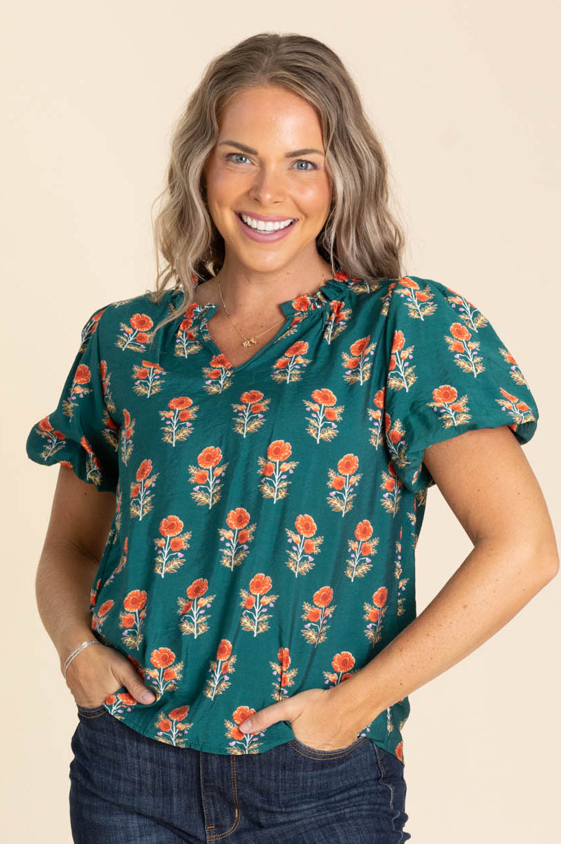 Hunter Green Woven Top With Orange Floral