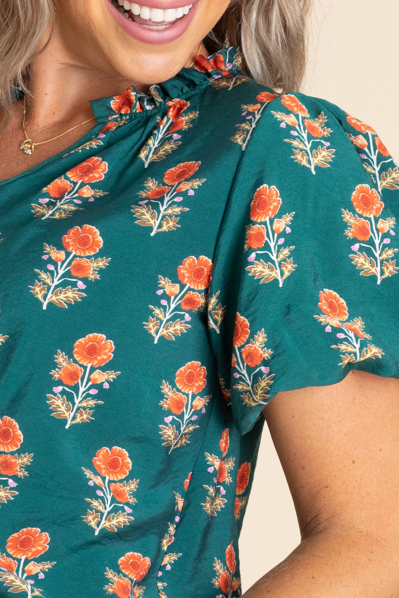 Hunter Green Woven Top With Orange Floral