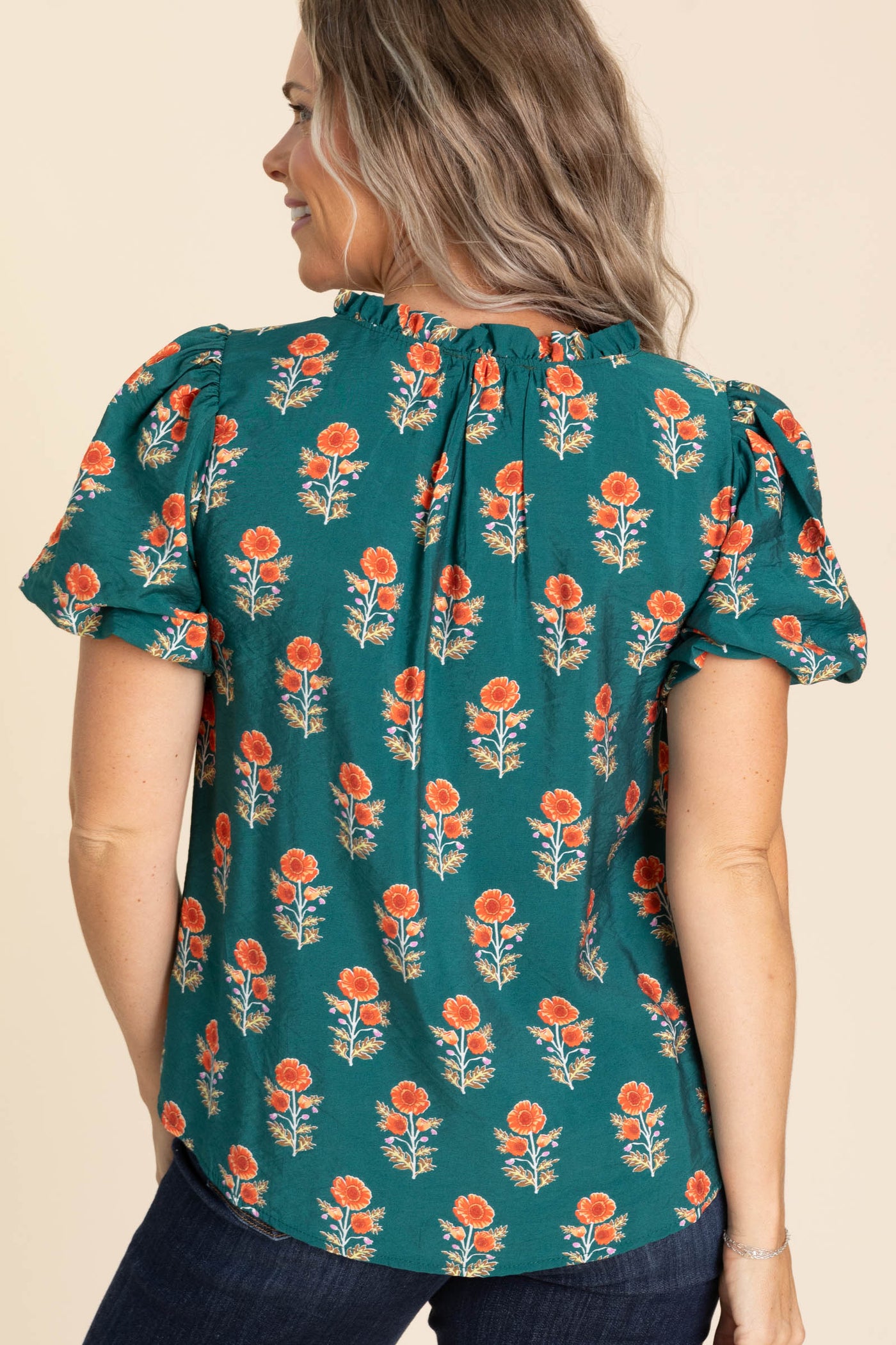 Hunter Green Woven Top With Orange Floral
