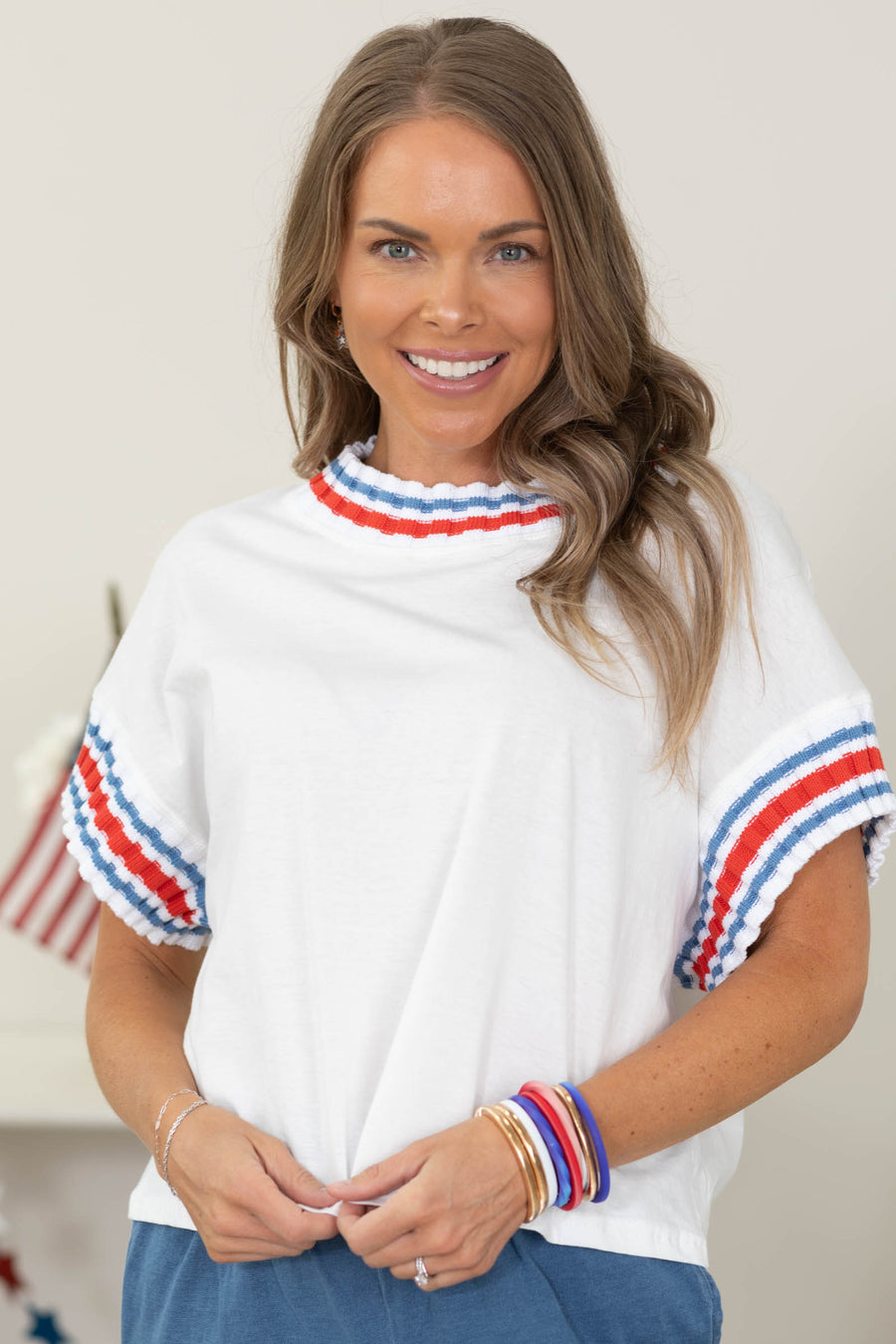 White Short Sleeve Contrast Stripe Trim Knit Top