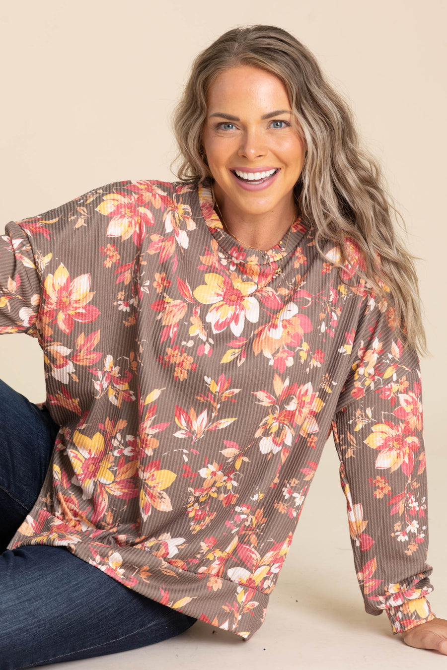 Mocha And Coral Floral Ribbed Knit Top