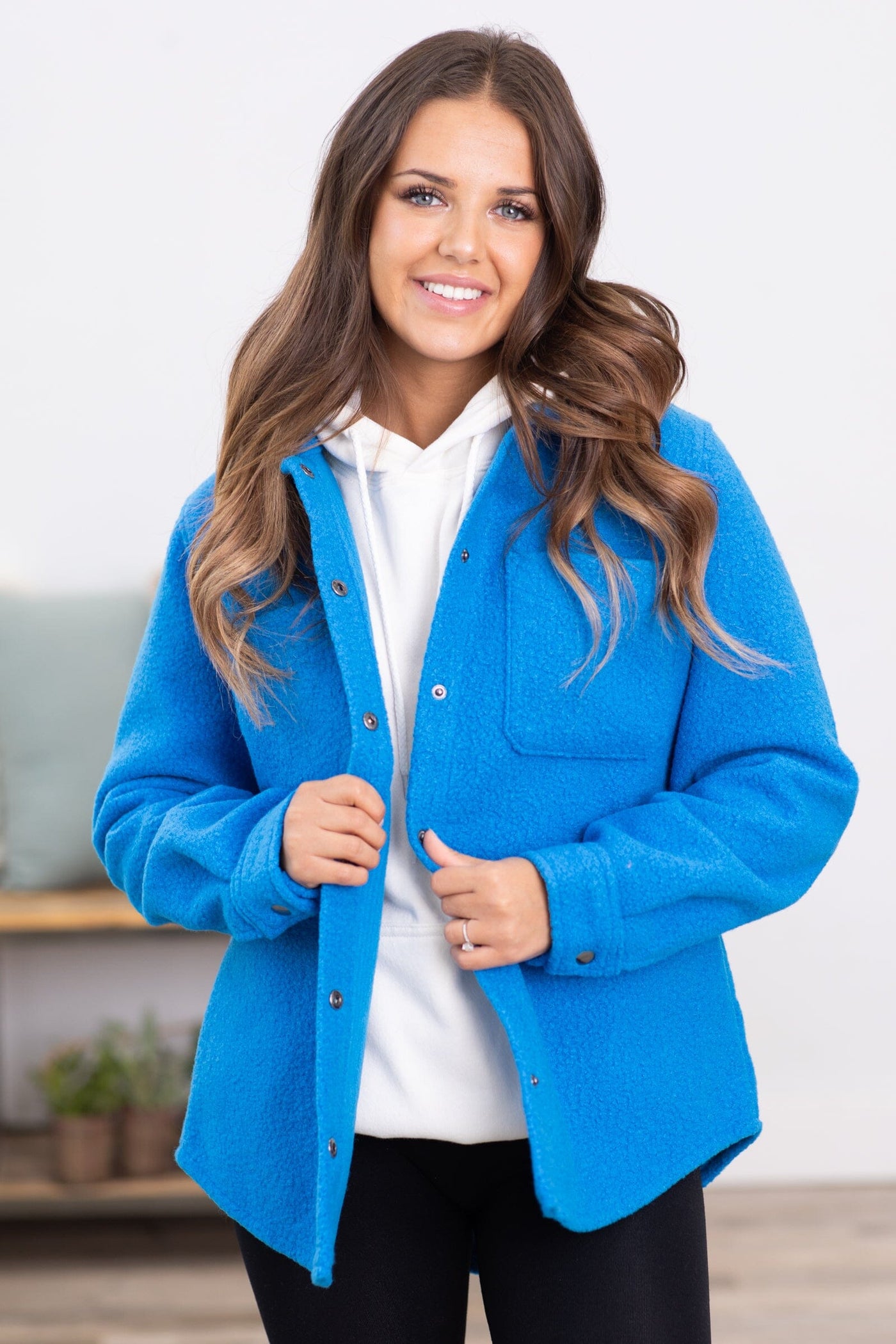 Dark Sky Blue Textured Snap Front Shacket - Filly Flair