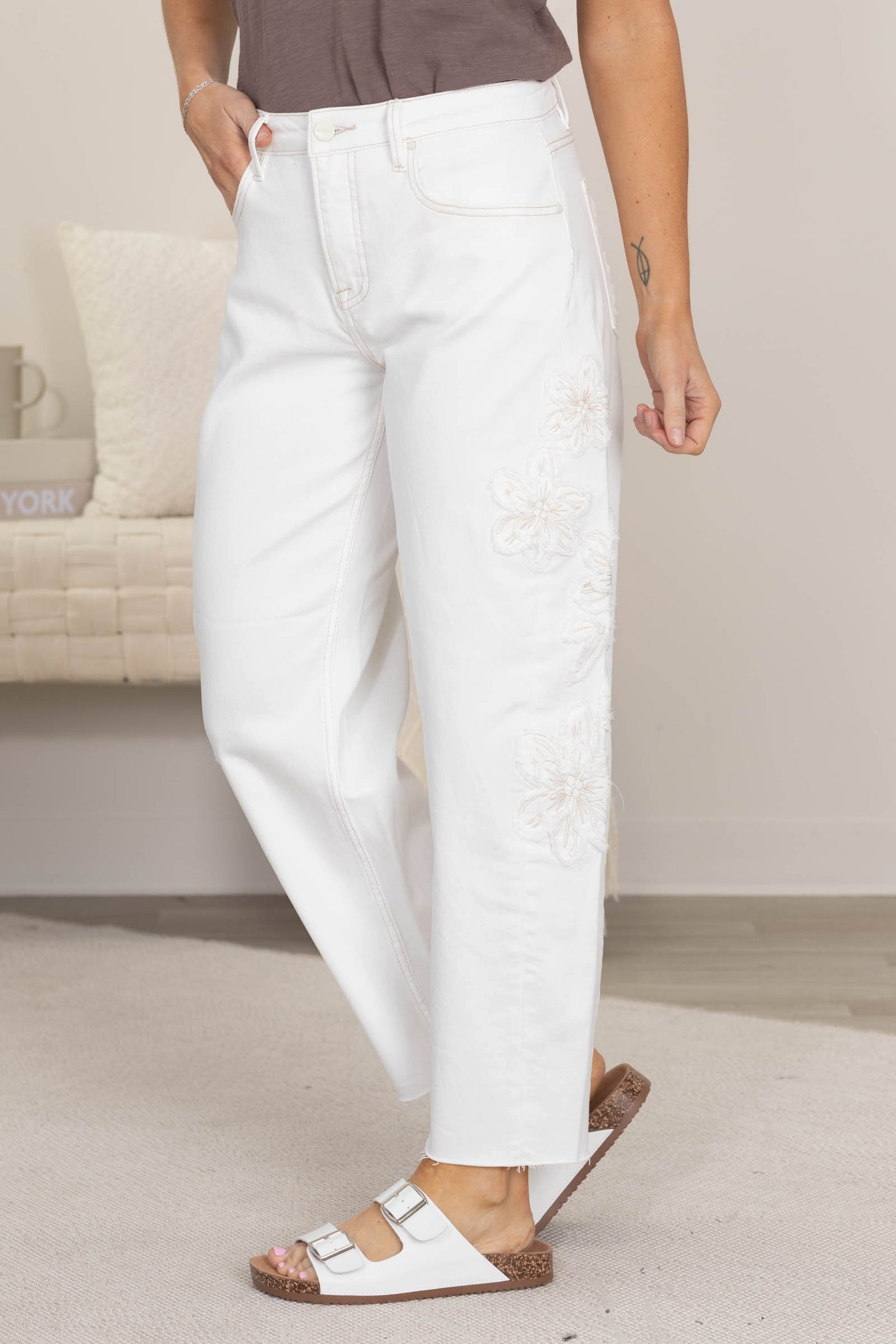 Risen White Tummy Control Barrel Floral Patch Jeans