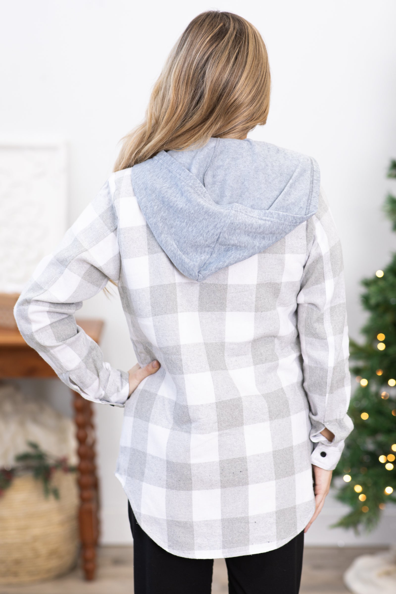 Grey and Off White Plaid Jacket With Hood