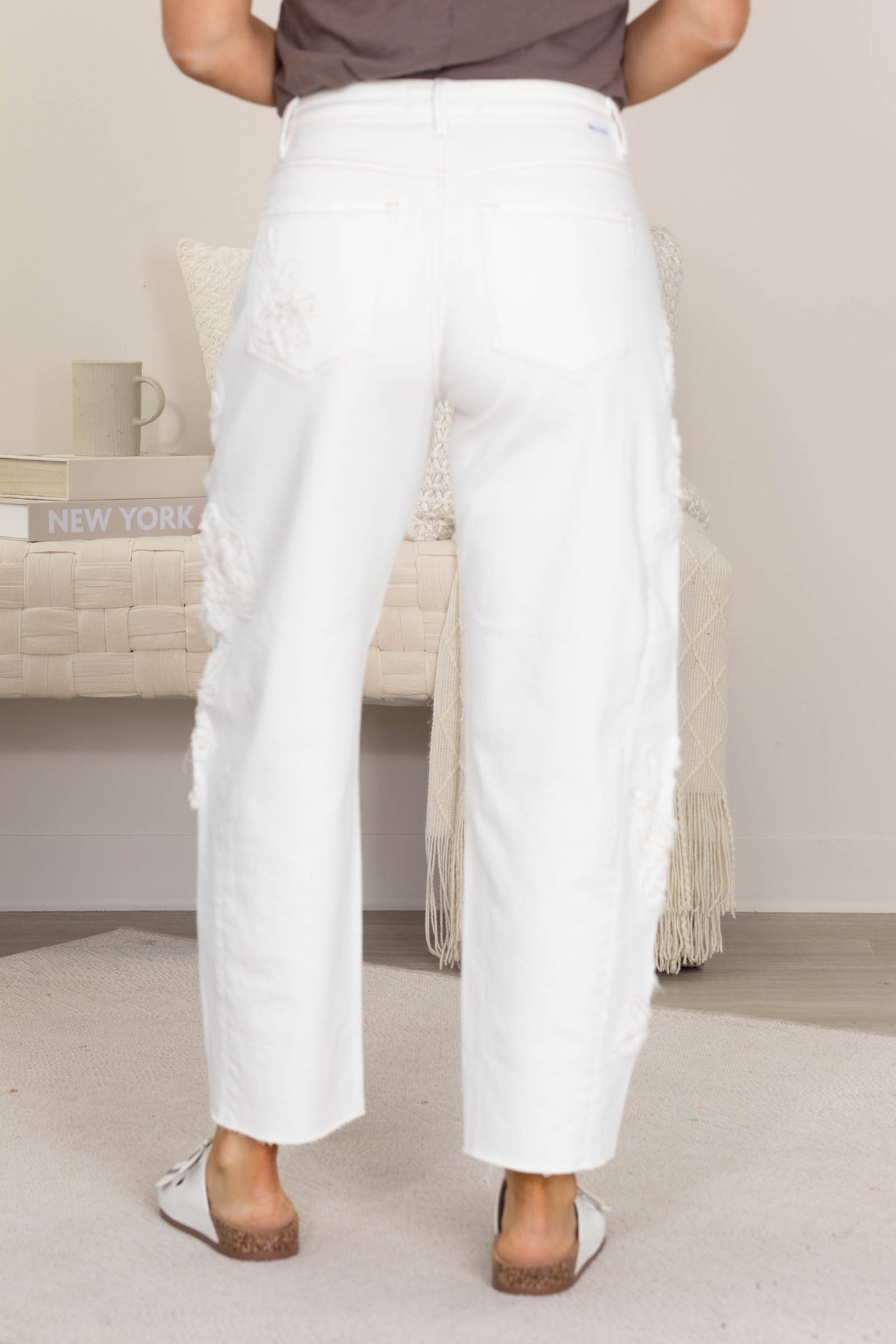 Risen White Tummy Control Barrel Floral Patch Jeans