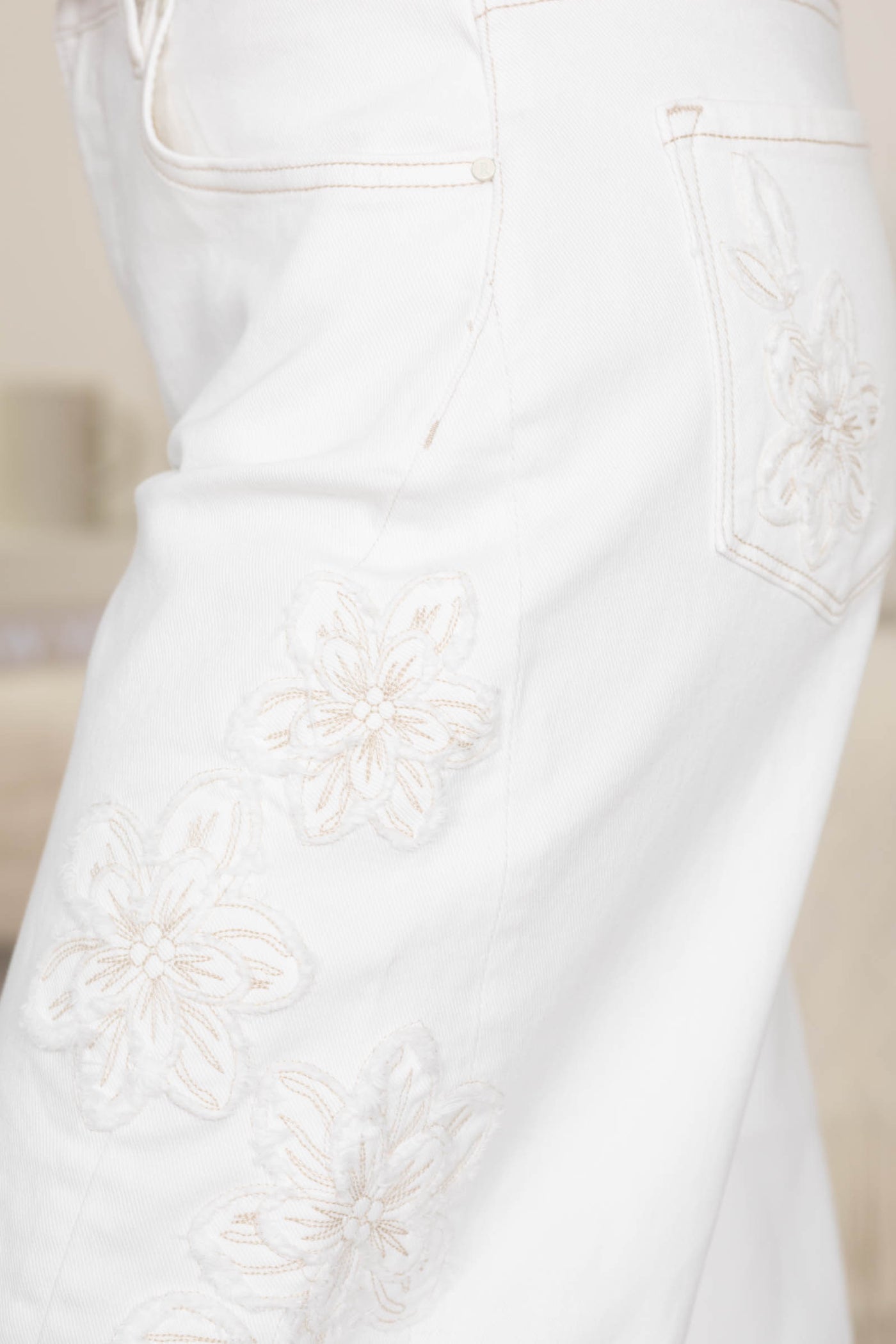 Risen White Tummy Control Barrel Floral Patch Jeans