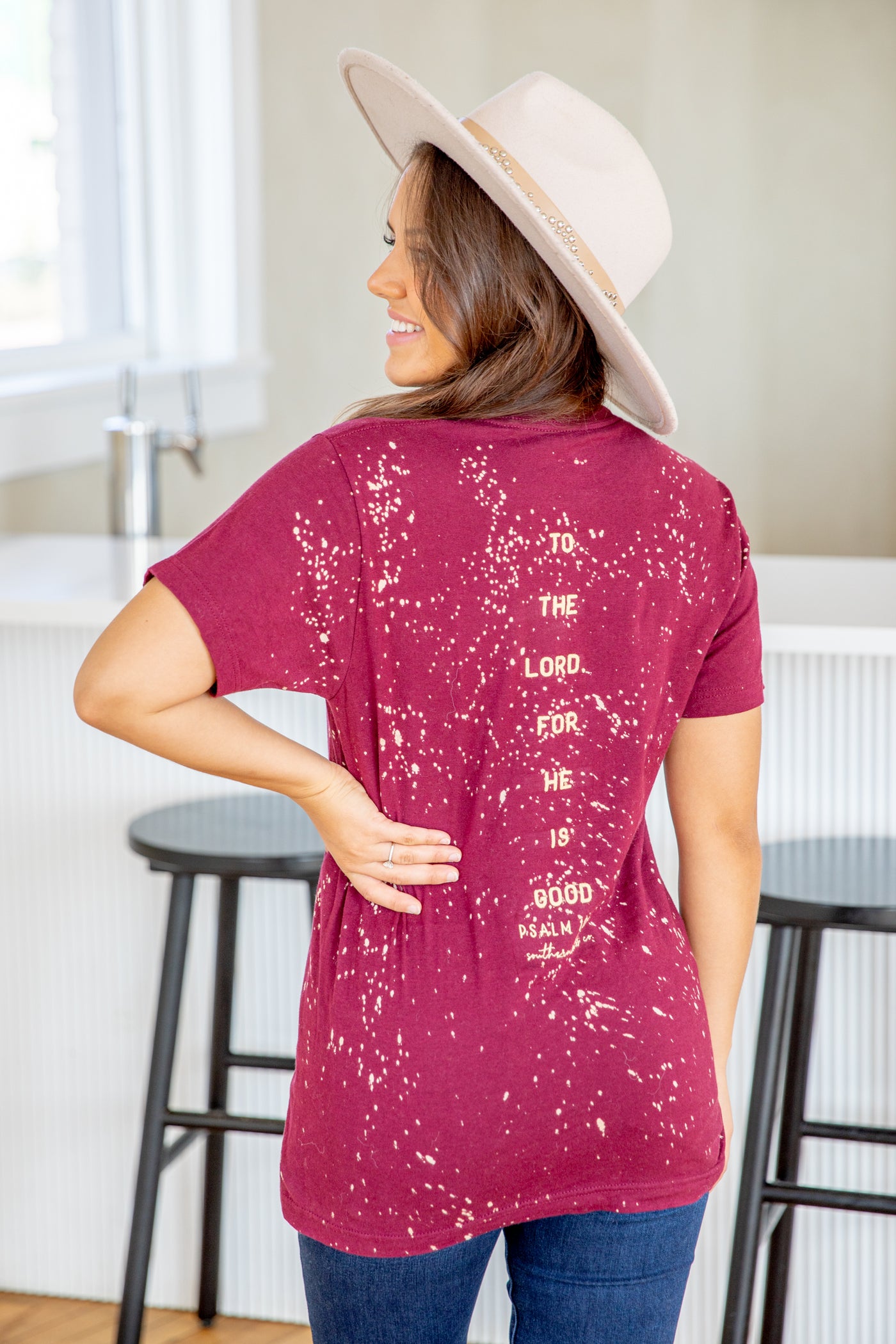 Burgundy Give Thanks Bleached Graphic Tee