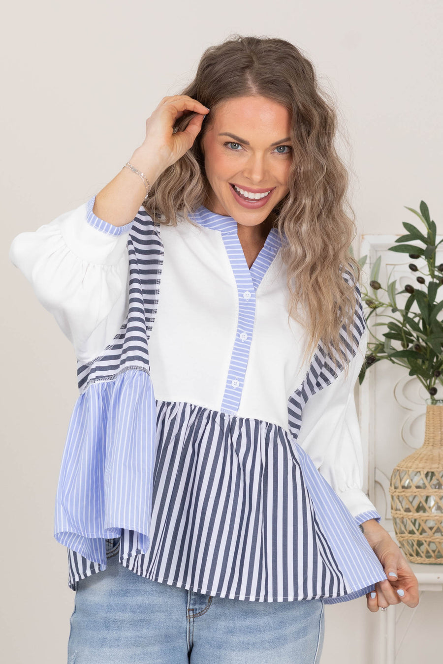 Off White And Blue Relaxed Fit Striped Peplum Top
