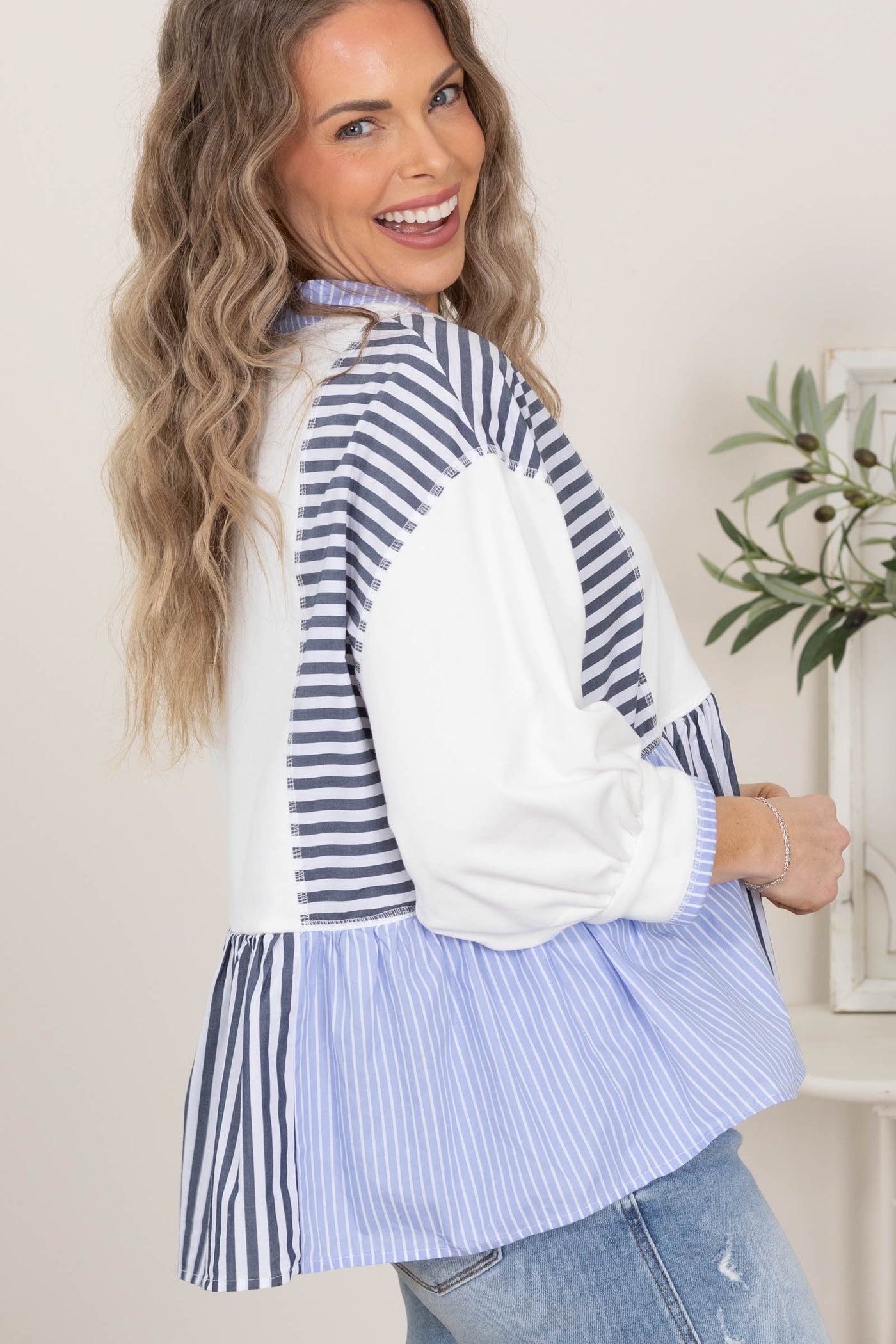 Off White And Blue Relaxed Fit Striped Peplum Top