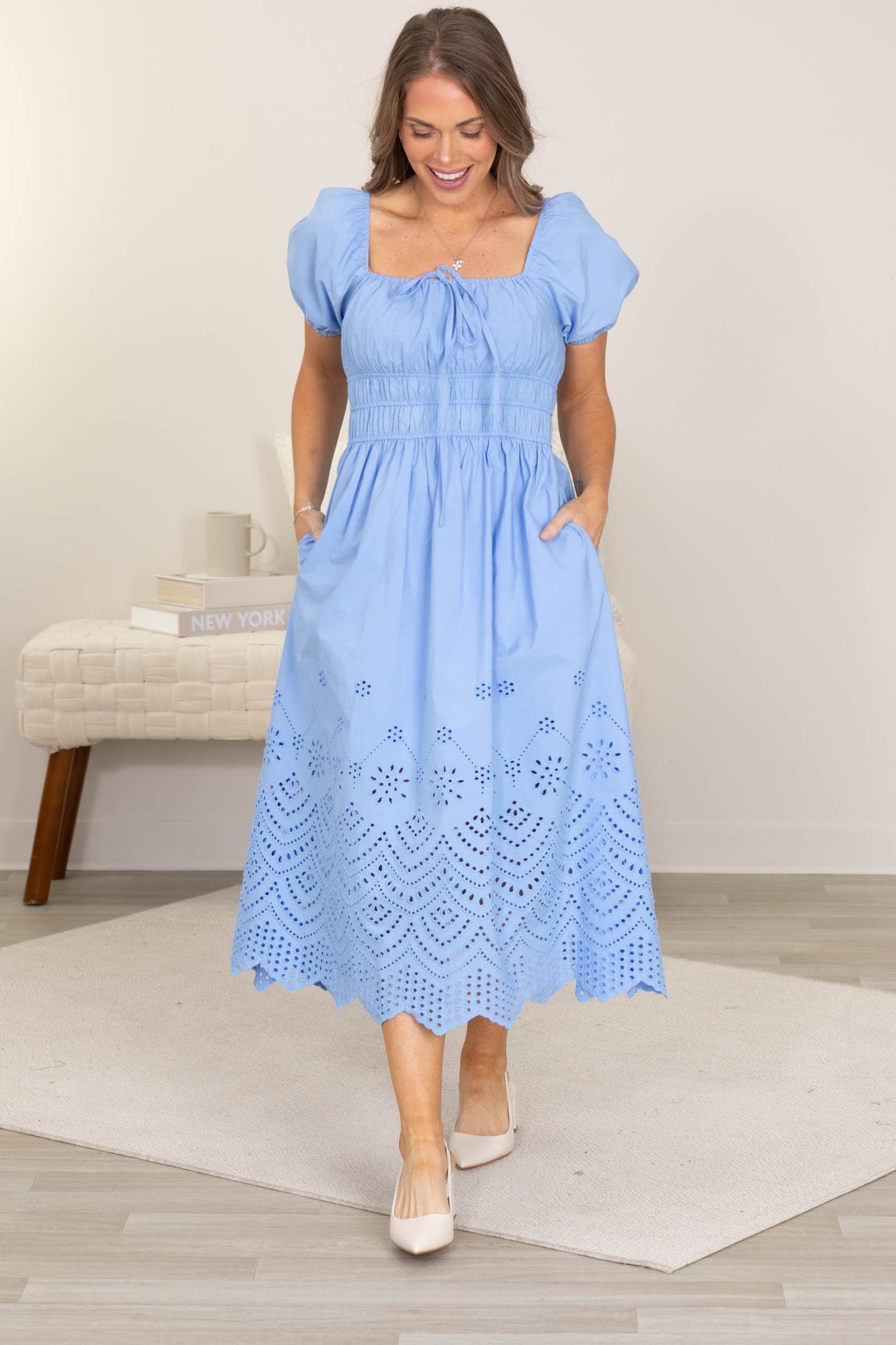 Cornflower Square Neckline With Puff Sleeves Dress
