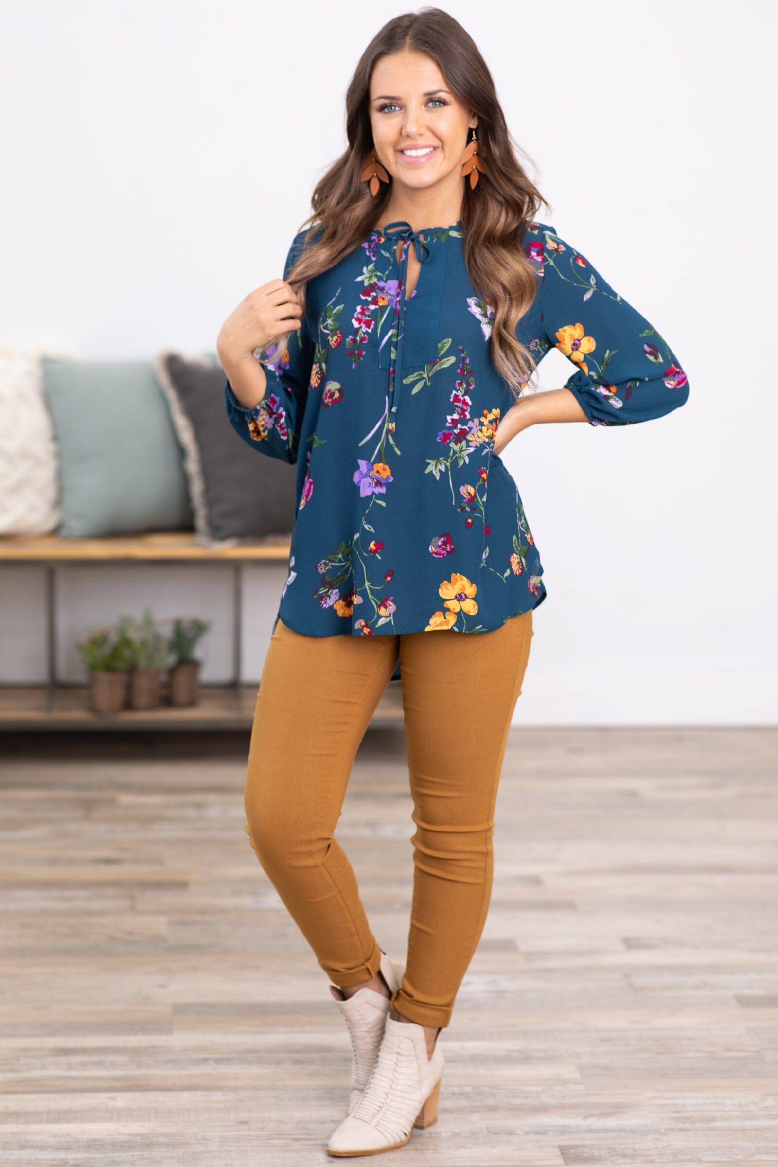 Dark Teal Multicolor Floral Print Top - Filly Flair