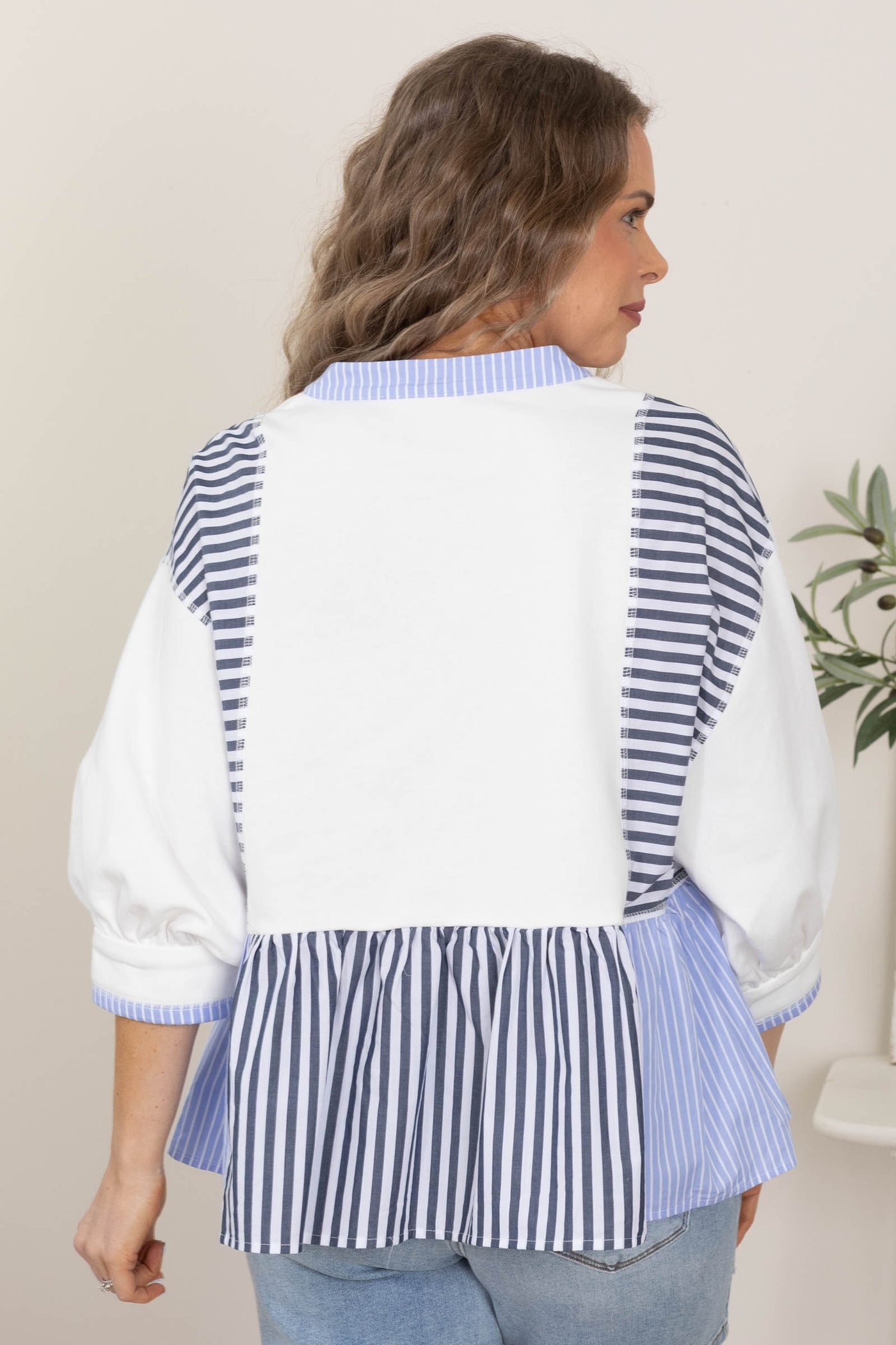 Off White And Blue Relaxed Fit Striped Peplum Top