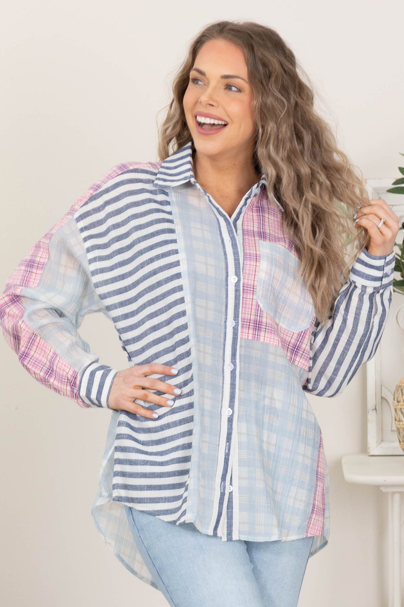 Navy And Pink Stripes With Checks Button Down Top