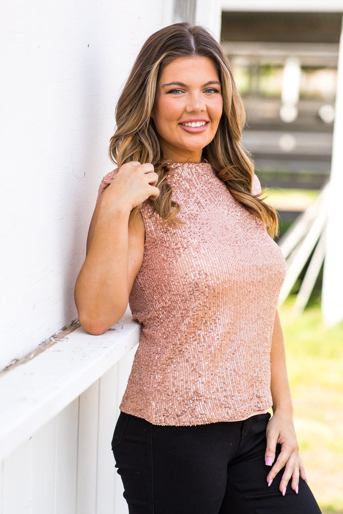Dusty Rose Sequin Padded Shoulder Top - Filly Flair
