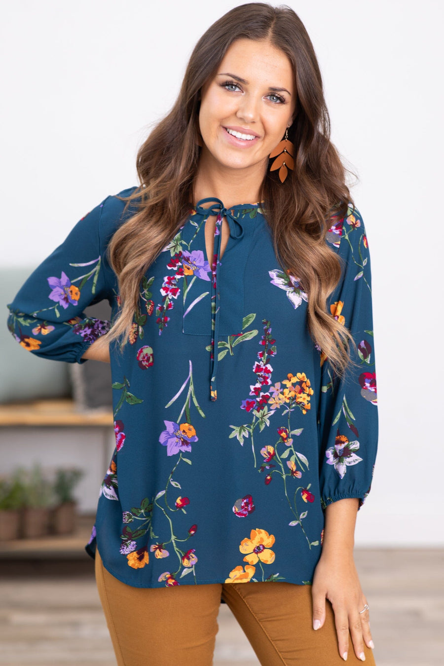 Dark Teal Multicolor Floral Print Top - Filly Flair