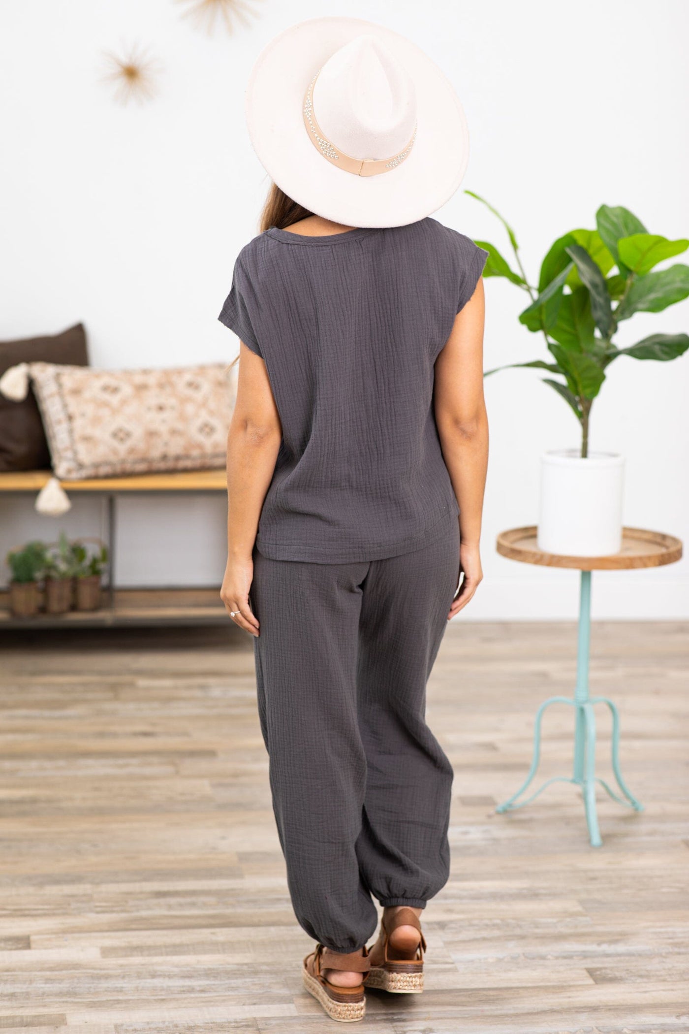 Grey Crinkle Textured Top and Joggers Set - Filly Flair