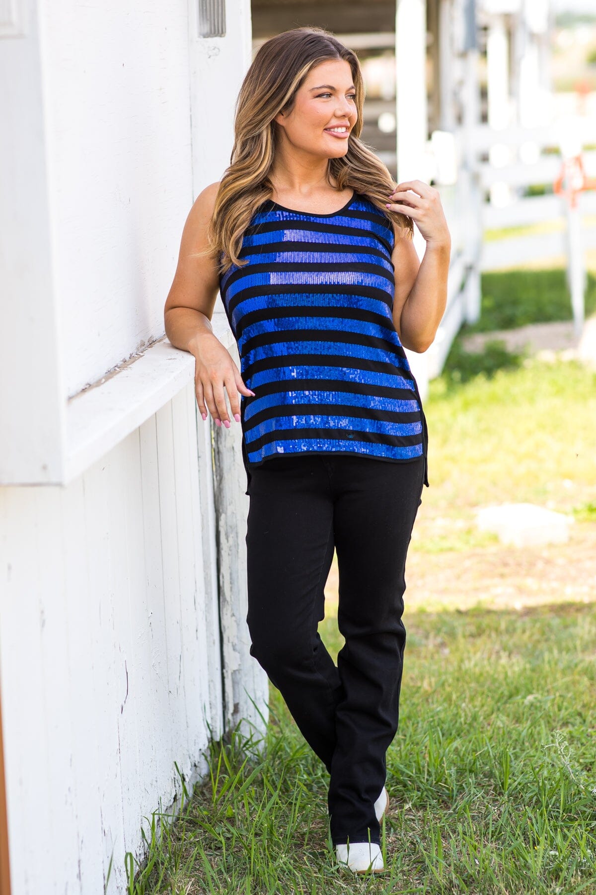 Blue and Black Sequin Stripe Tank - Filly Flair