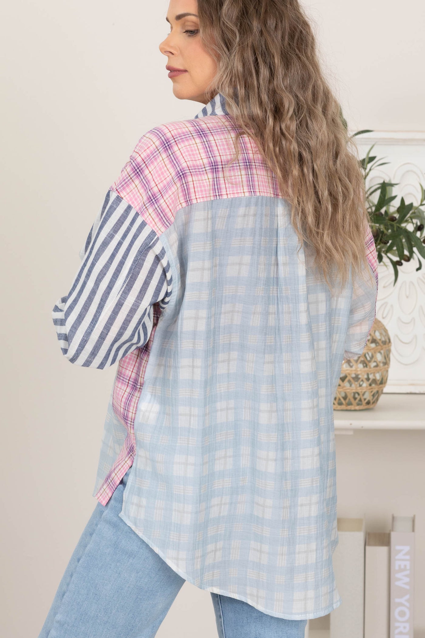 Navy And Pink Stripes With Checks Button Down Top