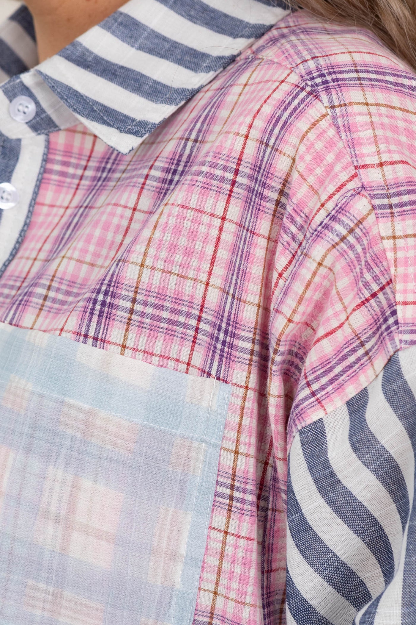 Navy And Pink Stripes With Checks Button Down Top