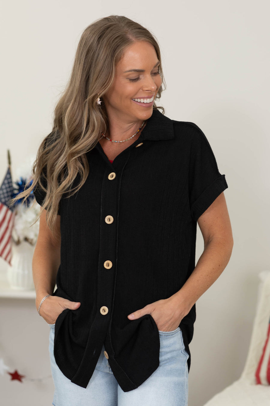Knit Collared Short Sleeve Knit Button Up Top
