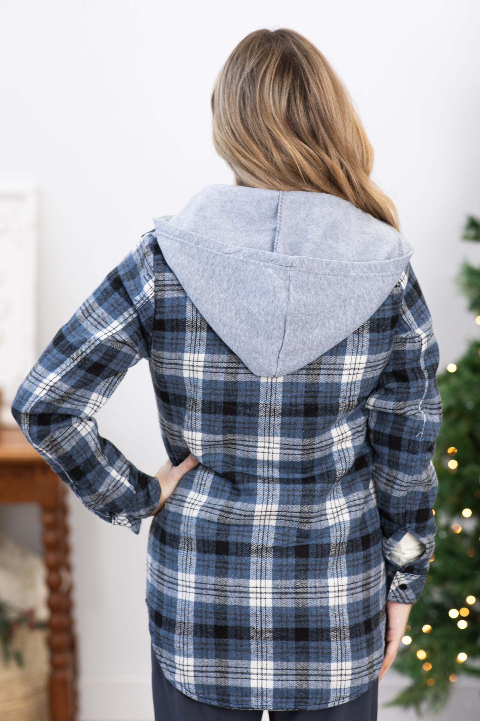 Dusty Blue and Black Plaid Jacket With Hood