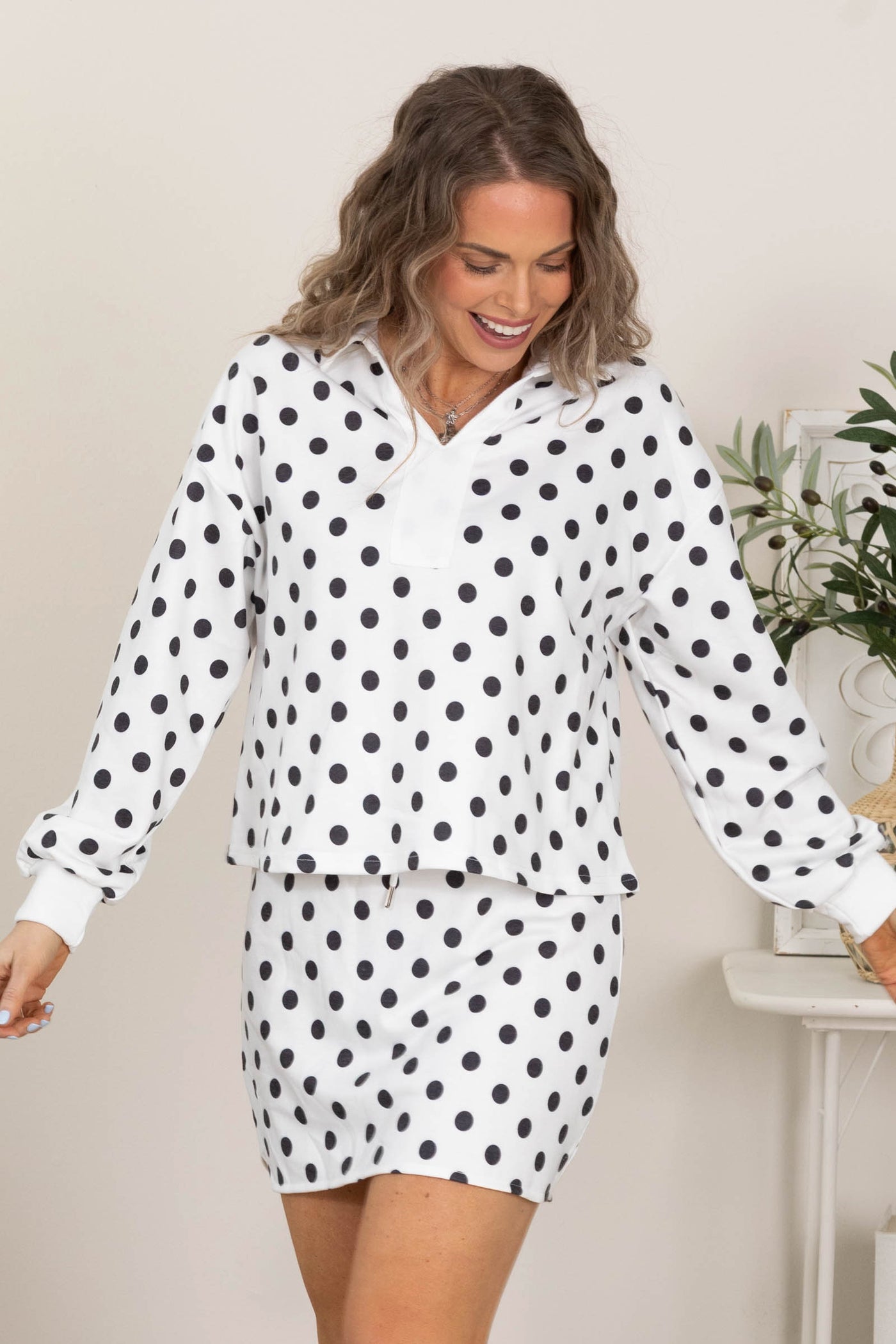 Polka Dot Collared Top and Skirt Sets