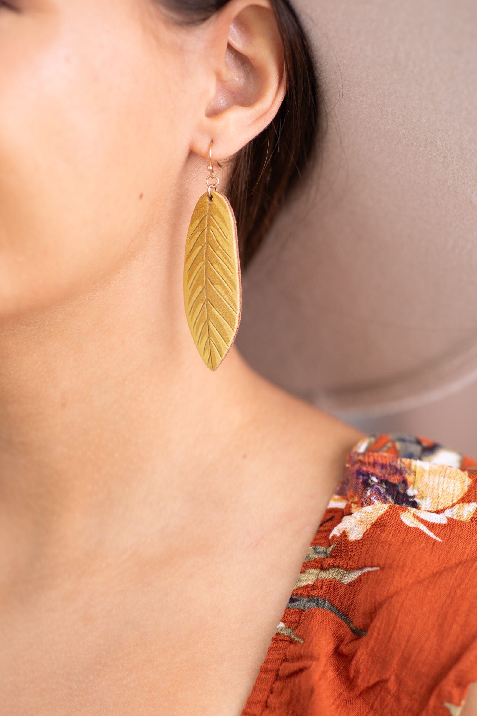 Mustard Geniune Leather Leaf Shaped Earrings - Filly Flair