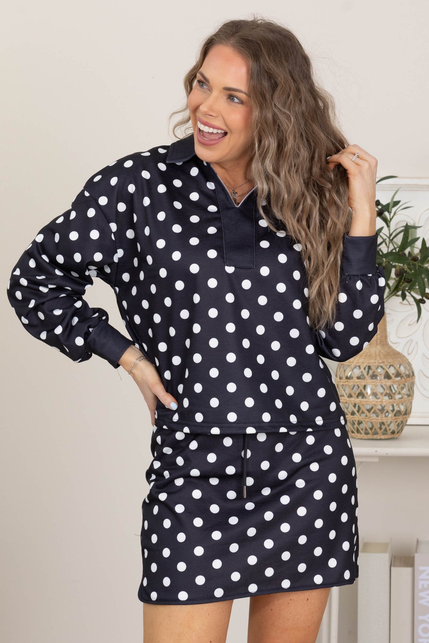 Polka Dot Collared Top and Skirt Sets