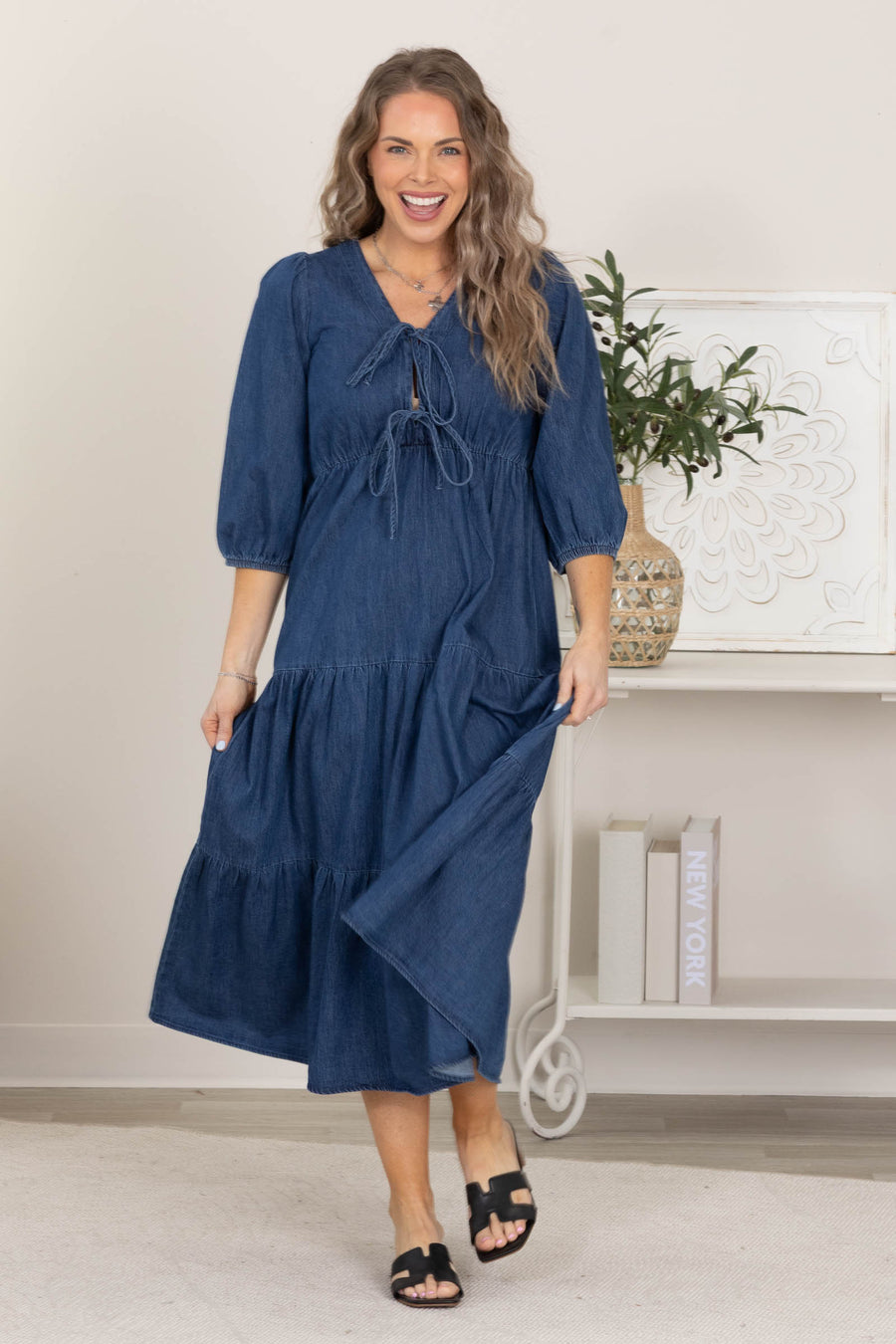 Denim Front Tie Tiered Midi Dress