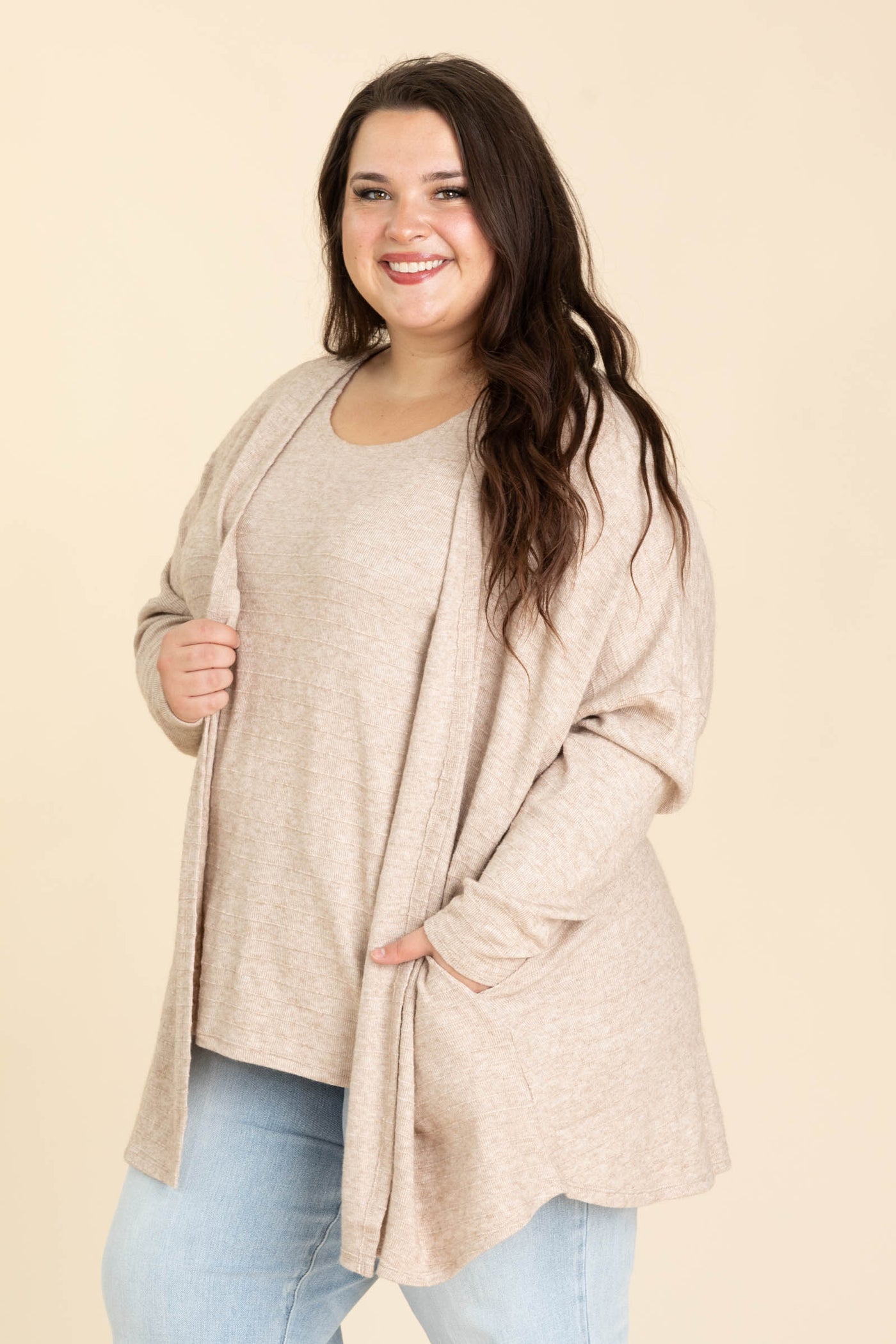 Soft Knit Line Texture Tank And Cardigan Set