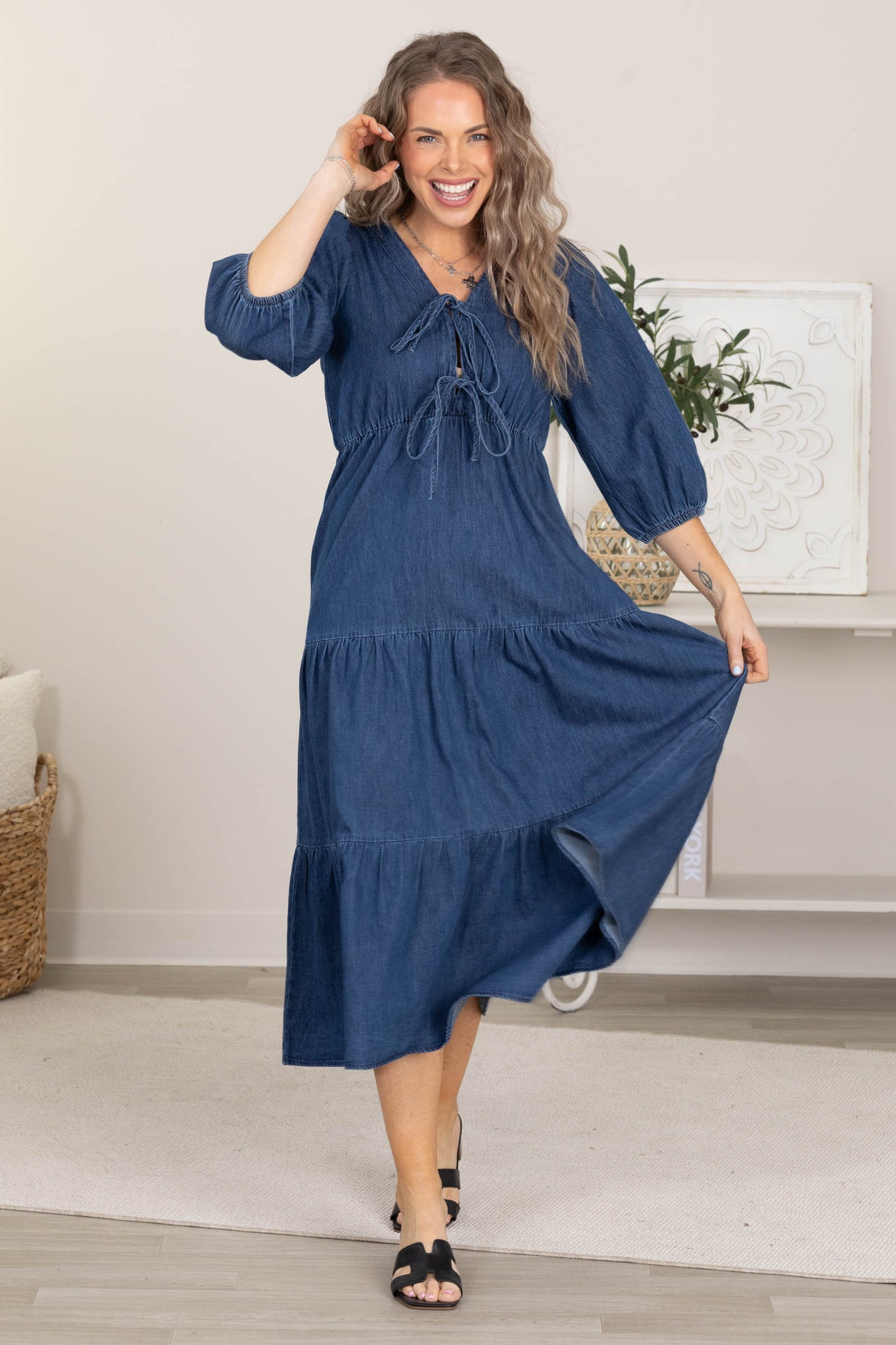 denim tiered midi dress Denim Tiered Midi Dress LD1075 Medium