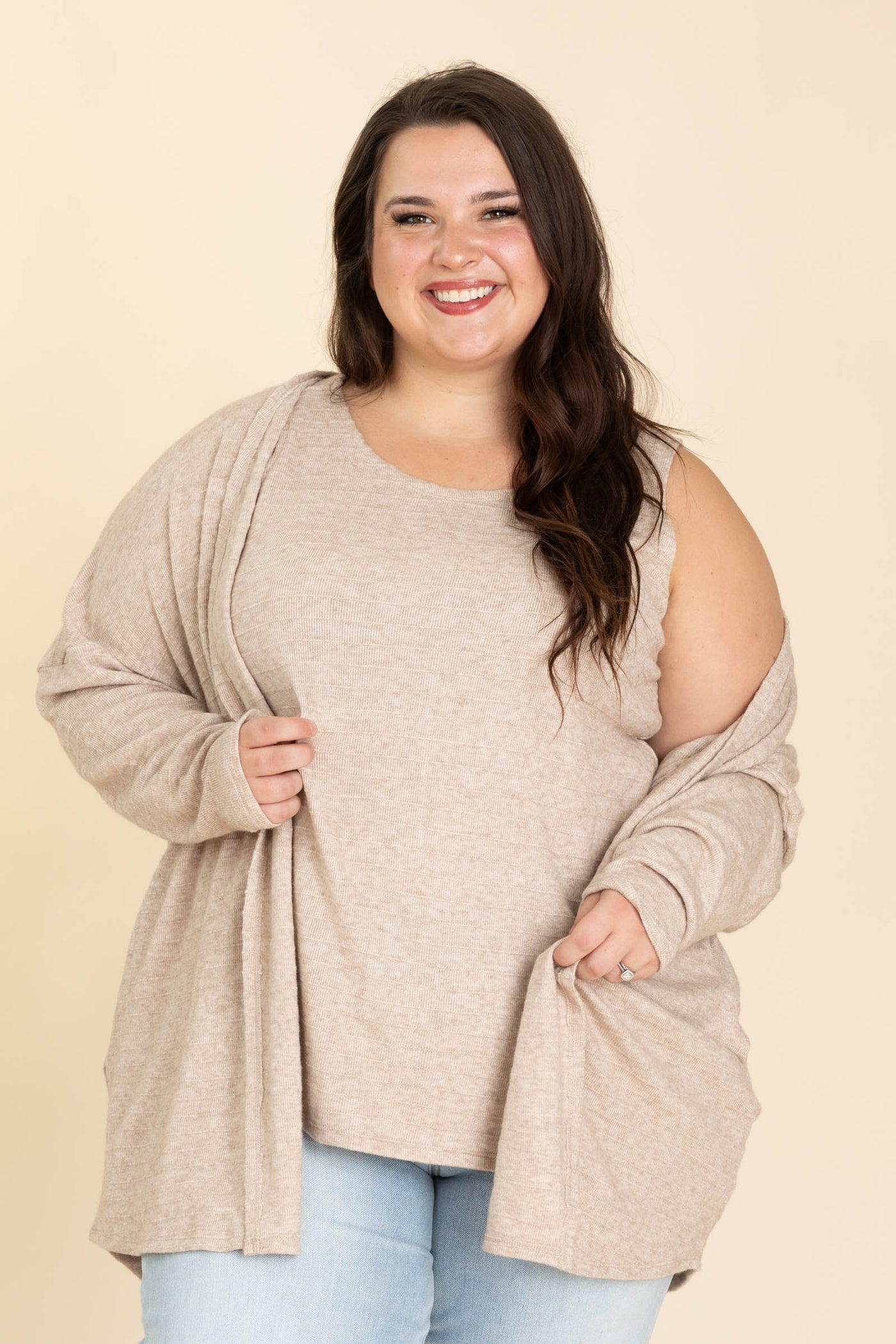 Soft Knit Line Texture Tank And Cardigan Set