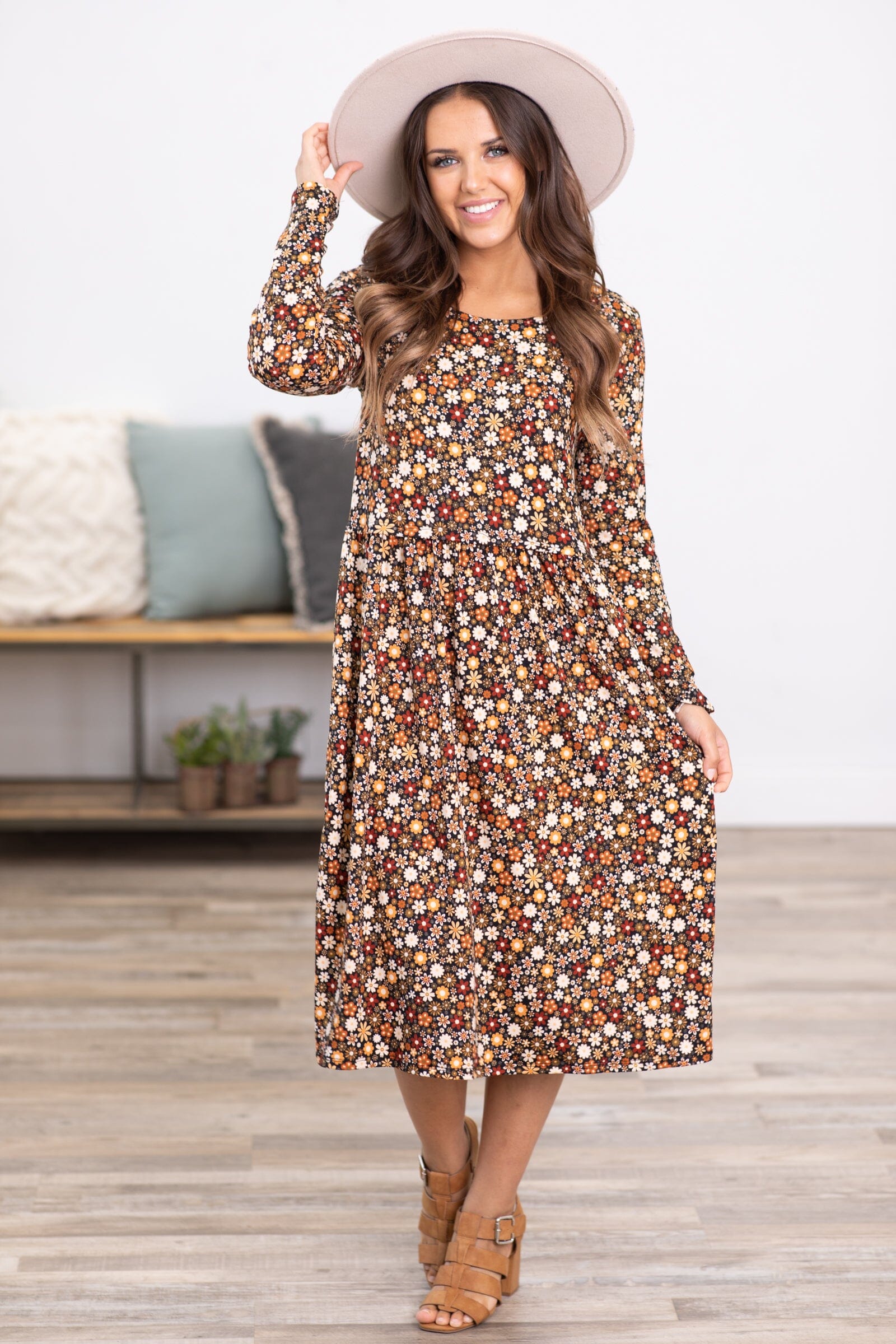 Maroon Multicolor Floral Long Sleeve Dress - Filly Flair