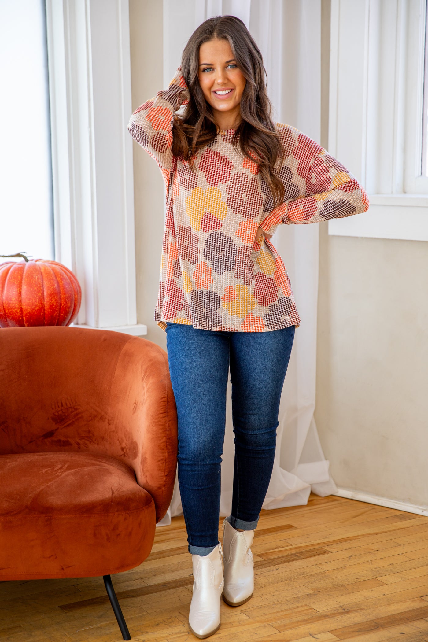 Mocha Multicolor Abstract Floral Print Top