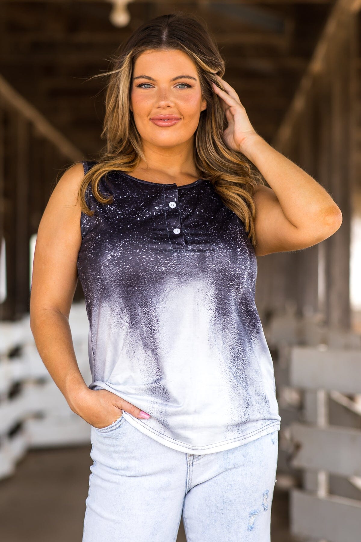 Charcoal Ombre Bleached Henley Tank - Filly Flair