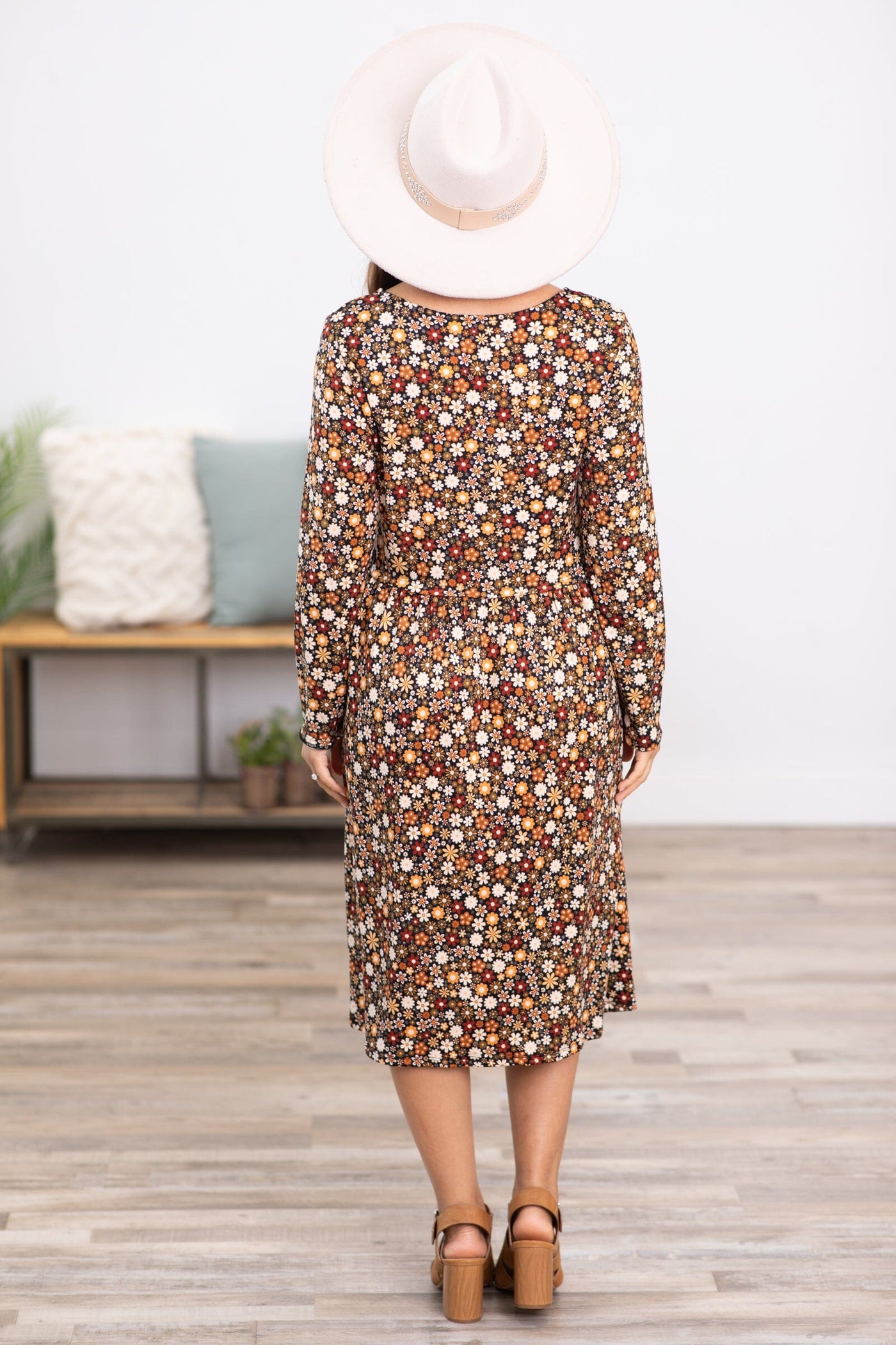 Maroon Multicolor Floral Long Sleeve Dress - Filly Flair